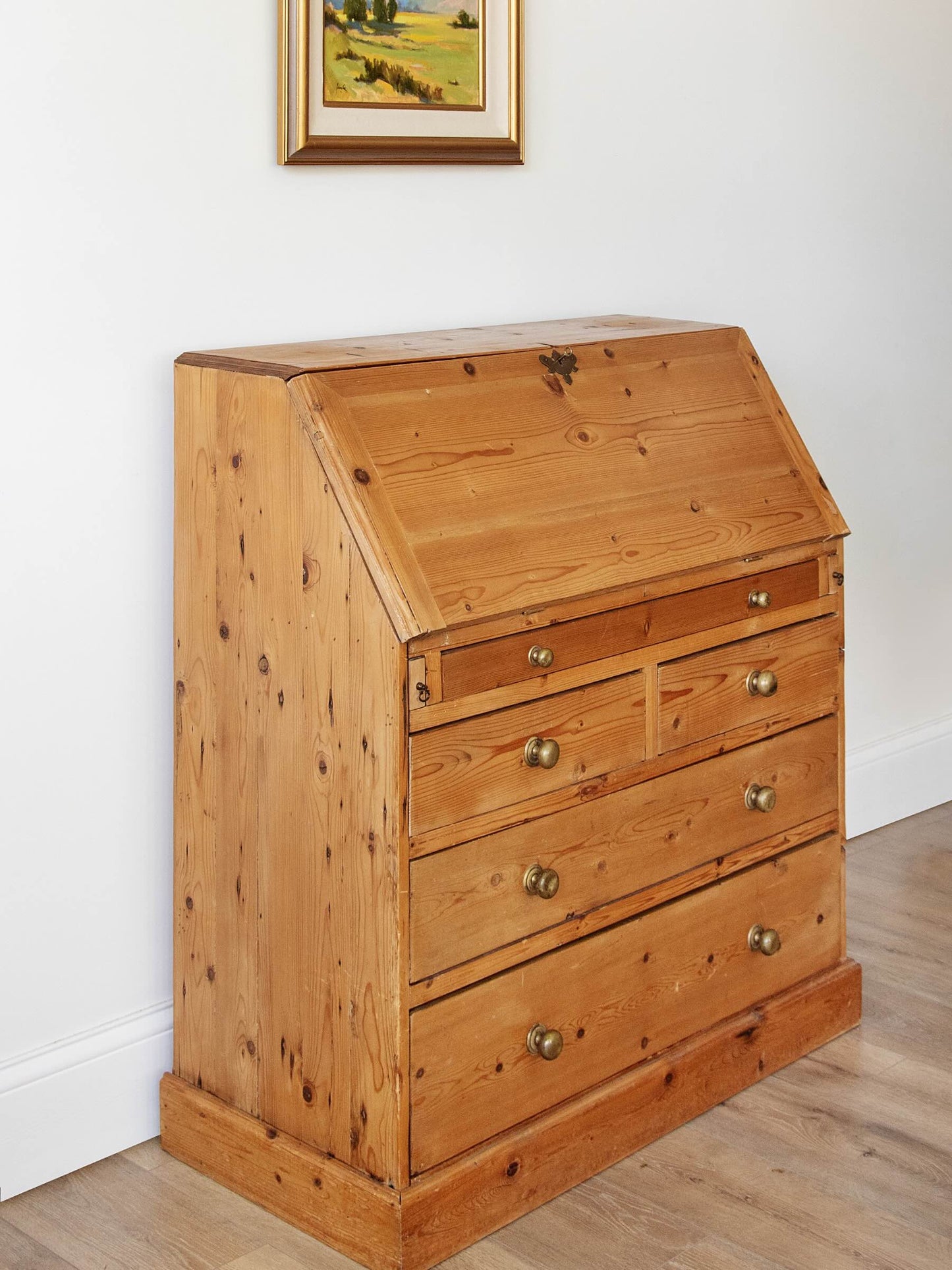 Antique English Pine Secretary with Brass Knobs | ca. 1850s
