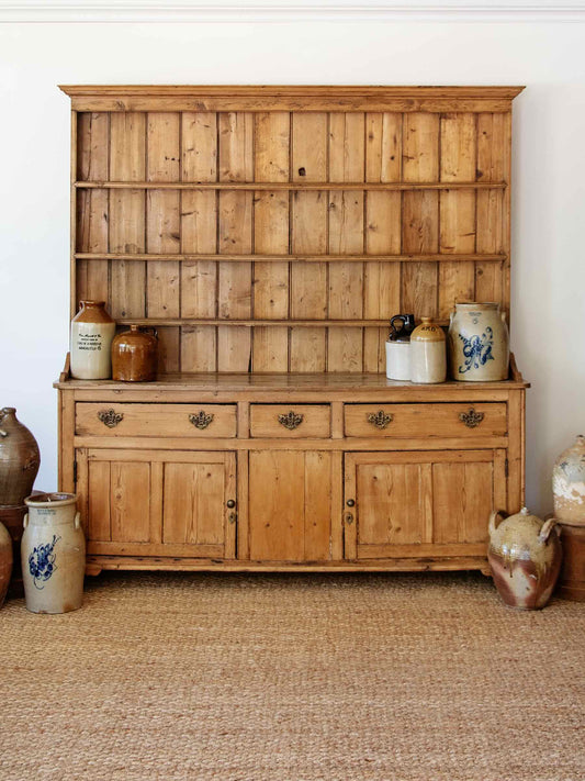 Antique English Pine Welsh Dresser with Open Plate Rack, c. 1880–1900