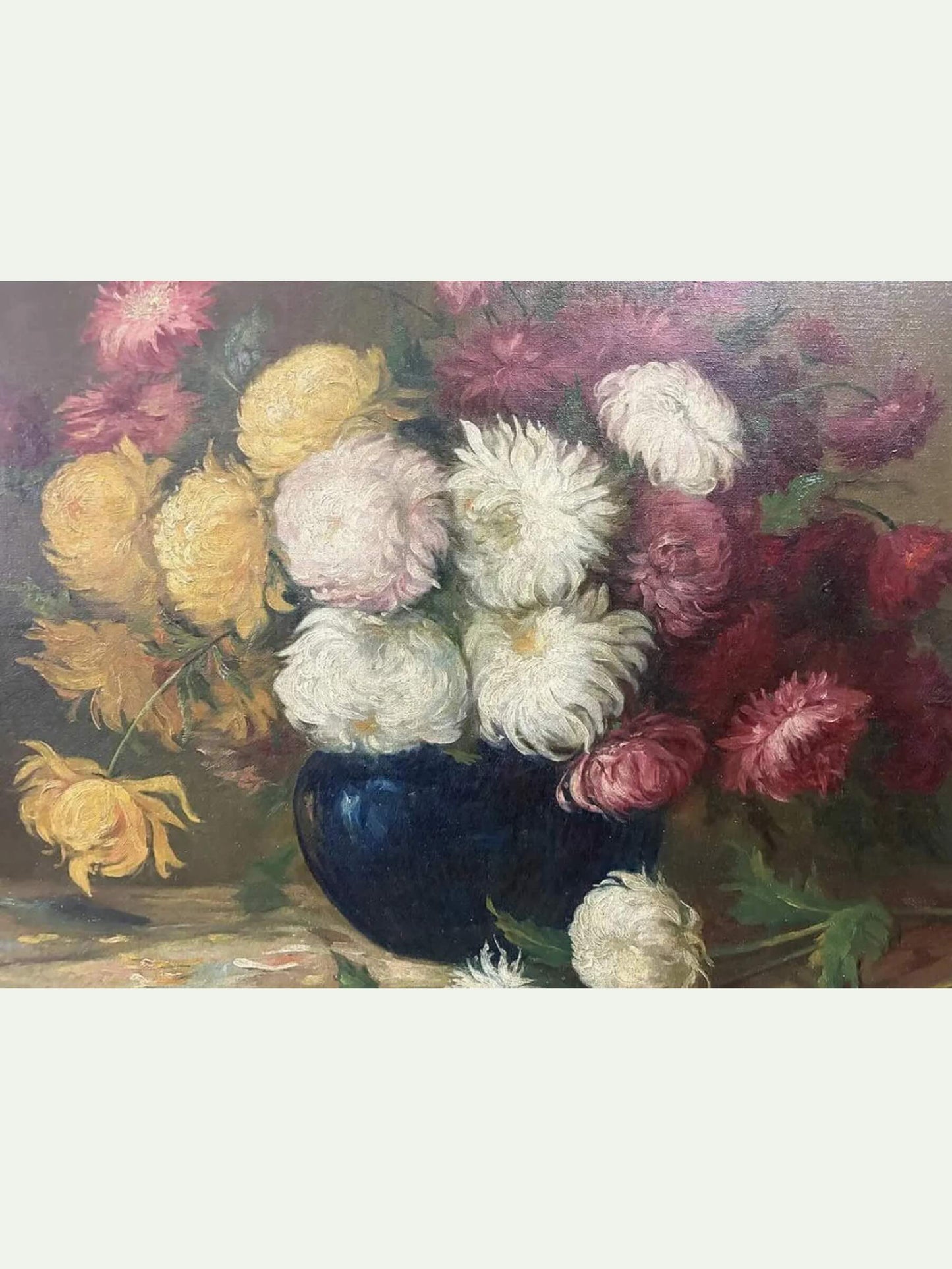 Still life oil painting featuring a bouquet of pink, yellow, and white flowers in a dark blue vase.