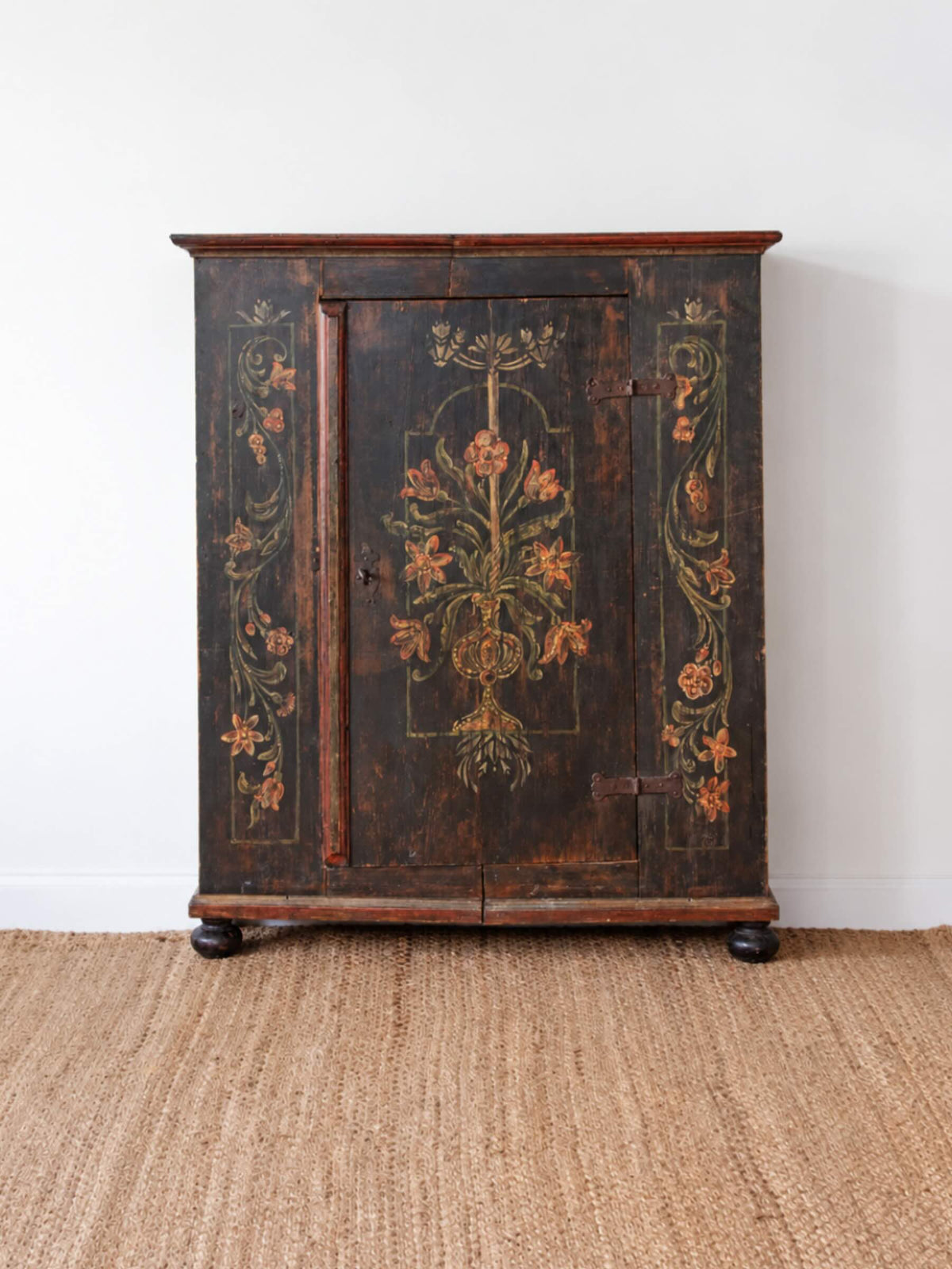 Antique European Painted Pine Bauernschrank Cabinet with Floral Folk Art & Iron Hardware