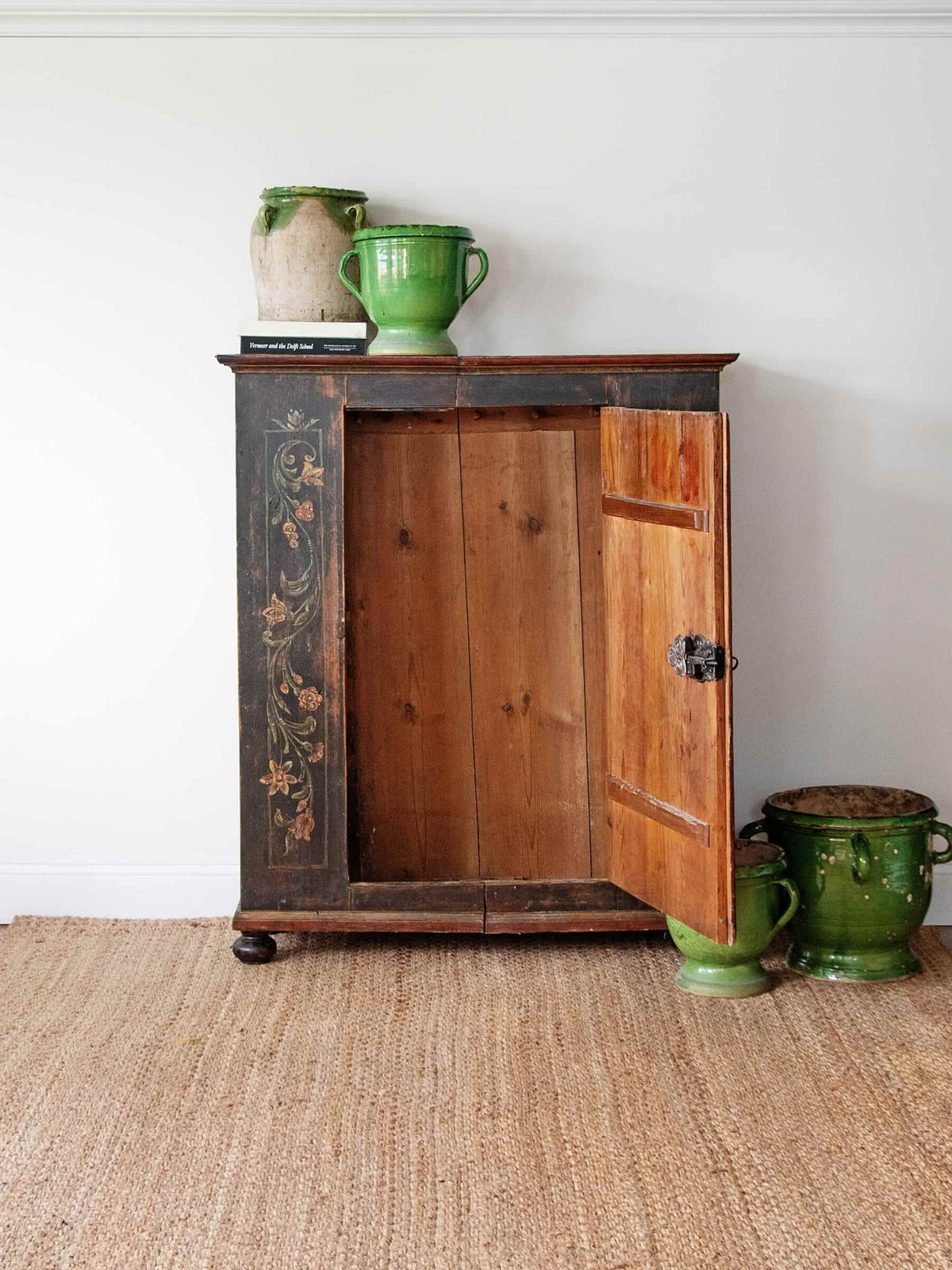 Antique European Painted Pine Bauernschrank Cabinet with Floral Folk Art & Iron Hardware