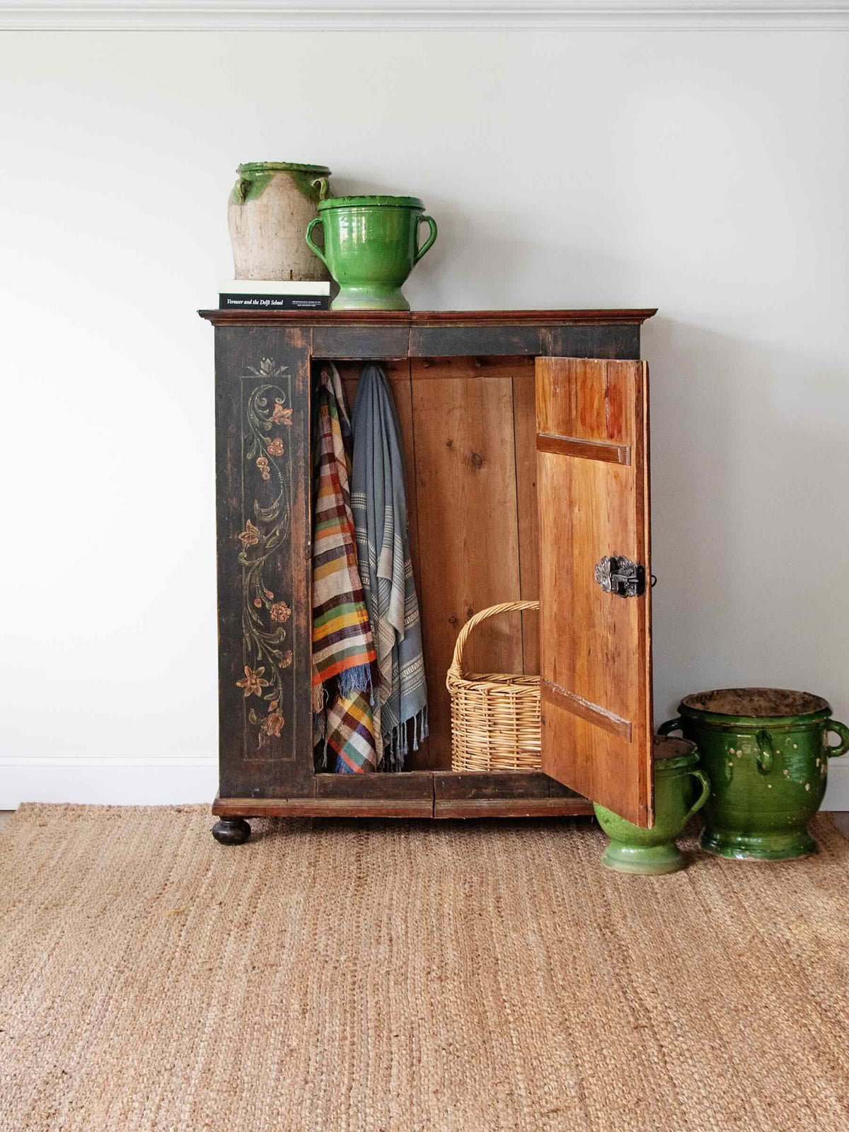 Antique European Painted Pine Bauernschrank Cabinet with Floral Folk Art & Iron Hardware