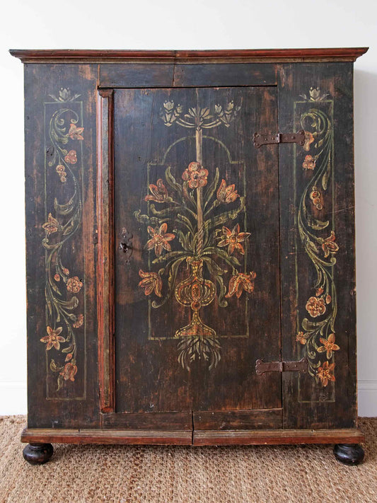 Antique European Painted Pine Bauernschrank Cabinet with Floral Folk Art & Iron Hardware