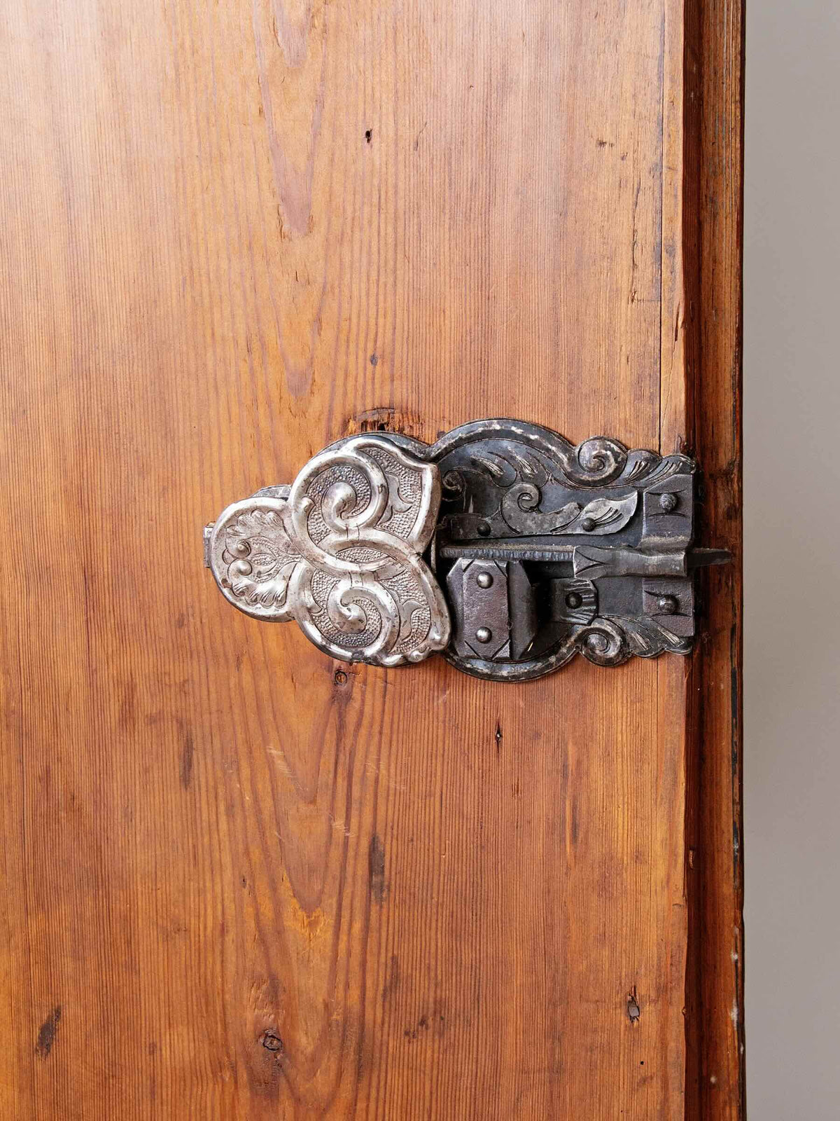Antique European Painted Pine Bauernschrank Cabinet with Floral Folk Art & Iron Hardware