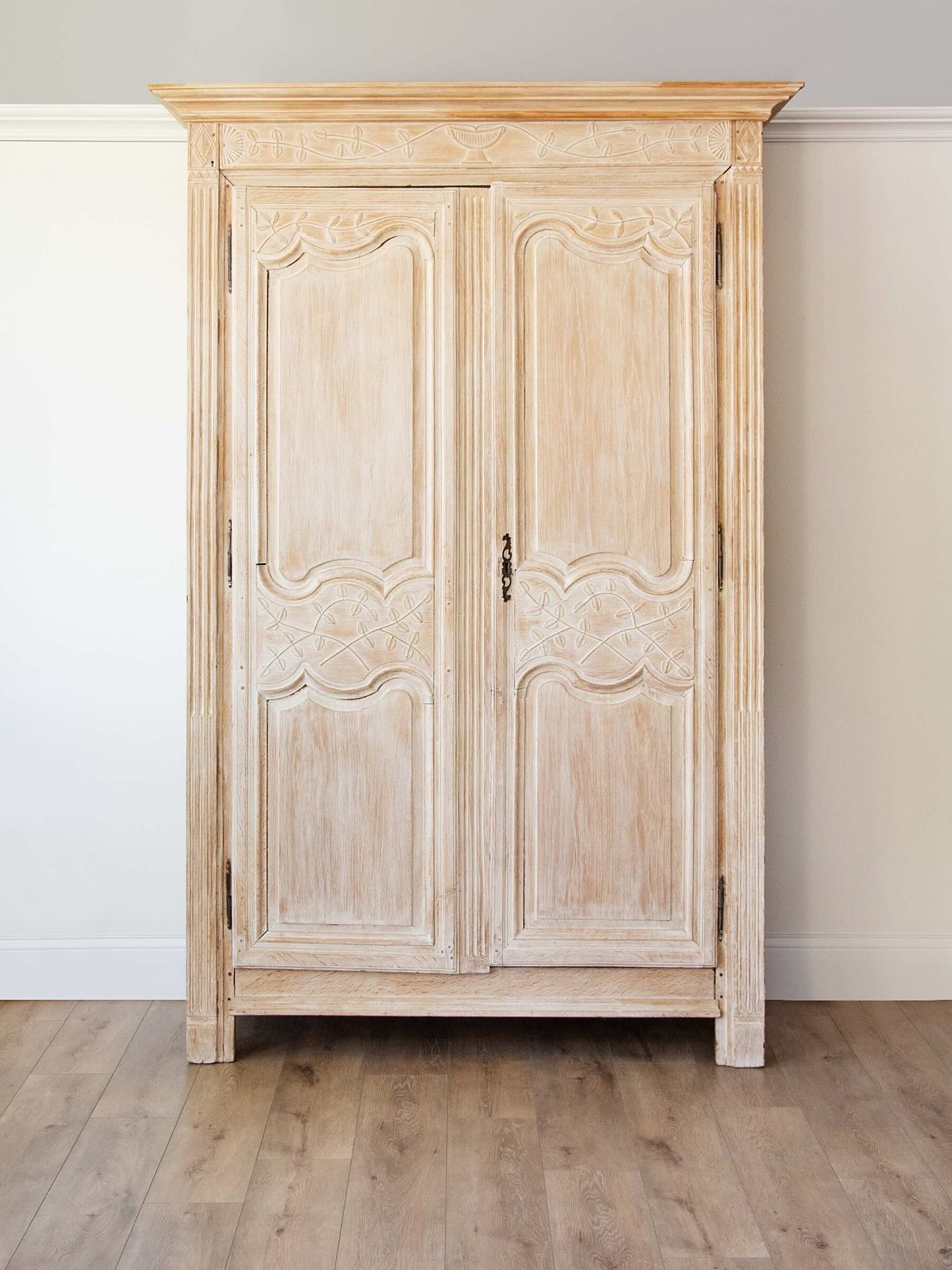 Antique French Norman Marriage Armoire - Bleached Oak with Custom Six-Drawer Interior| Late 18th to Early 19th Century
