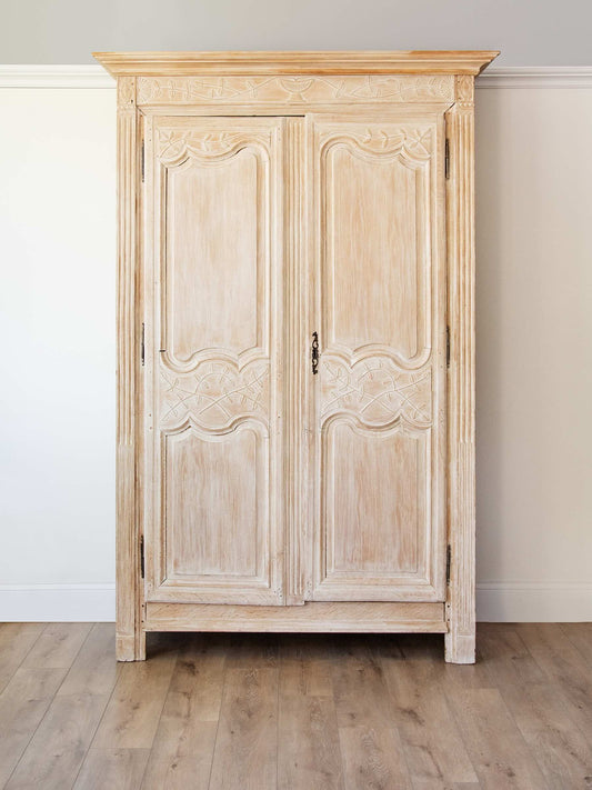 Antique French Norman Marriage Armoire - Bleached Oak with Custom Six-Drawer Interior| Late 18th to Early 19th Century
