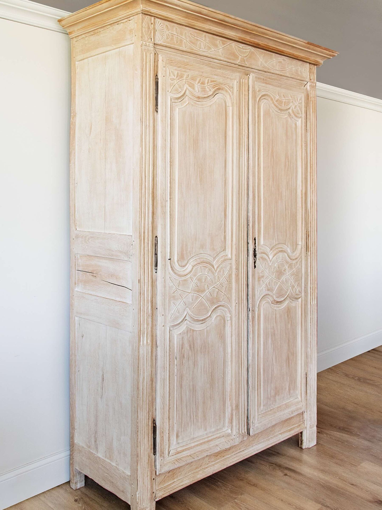 Antique French Norman Marriage Armoire - Bleached Oak with Custom Six-Drawer Interior| Late 18th to Early 19th Century
