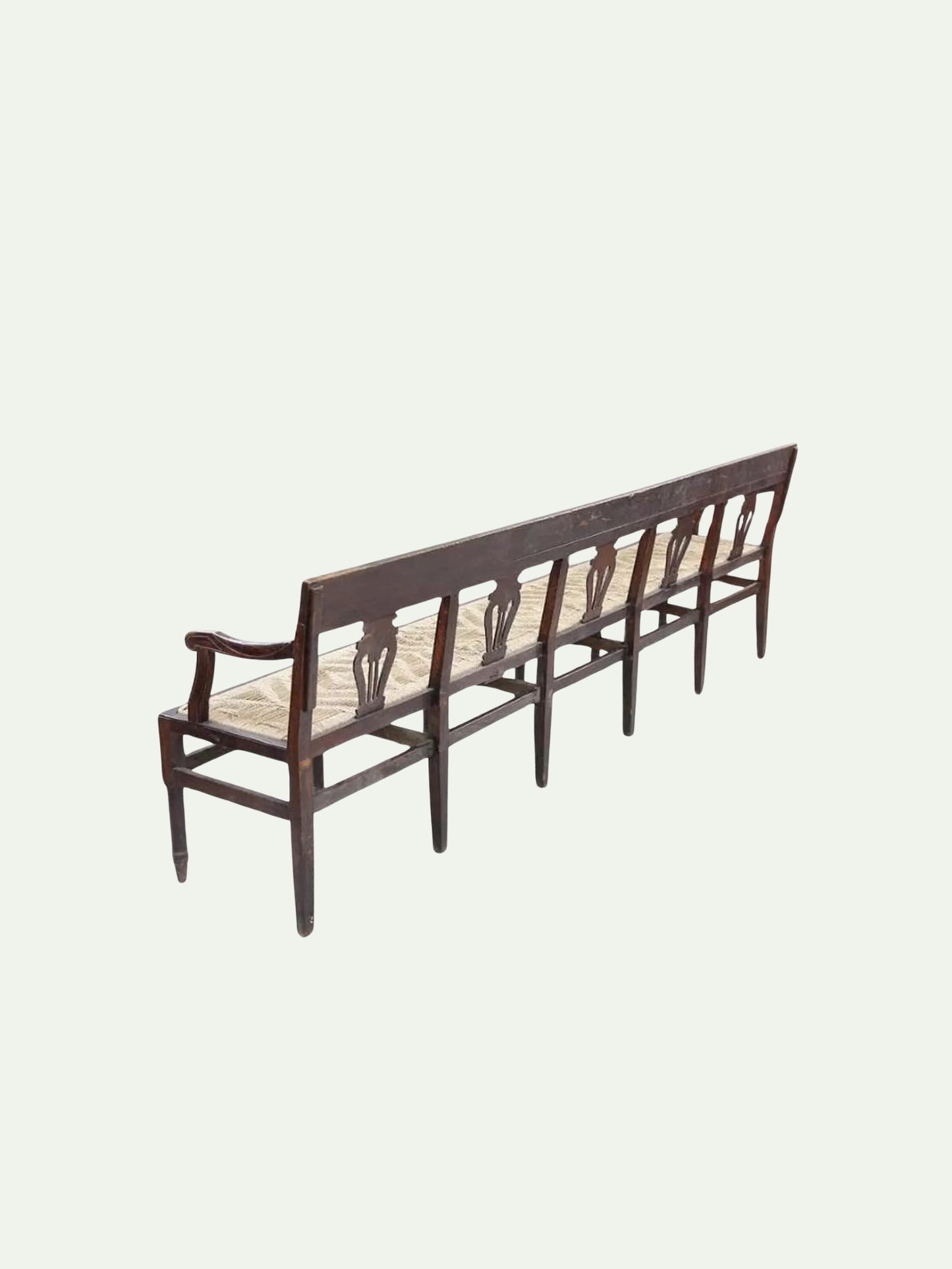 Antique Neoclassical Carved Lyre-Back Hall Bench With Rush Seat | Five-Seat Dining or Entry Bench