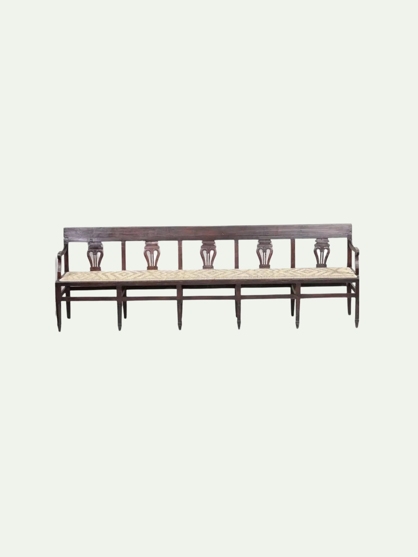 Antique Neoclassical Carved Lyre-Back Hall Bench With Rush Seat | Five-Seat Dining or Entry Bench