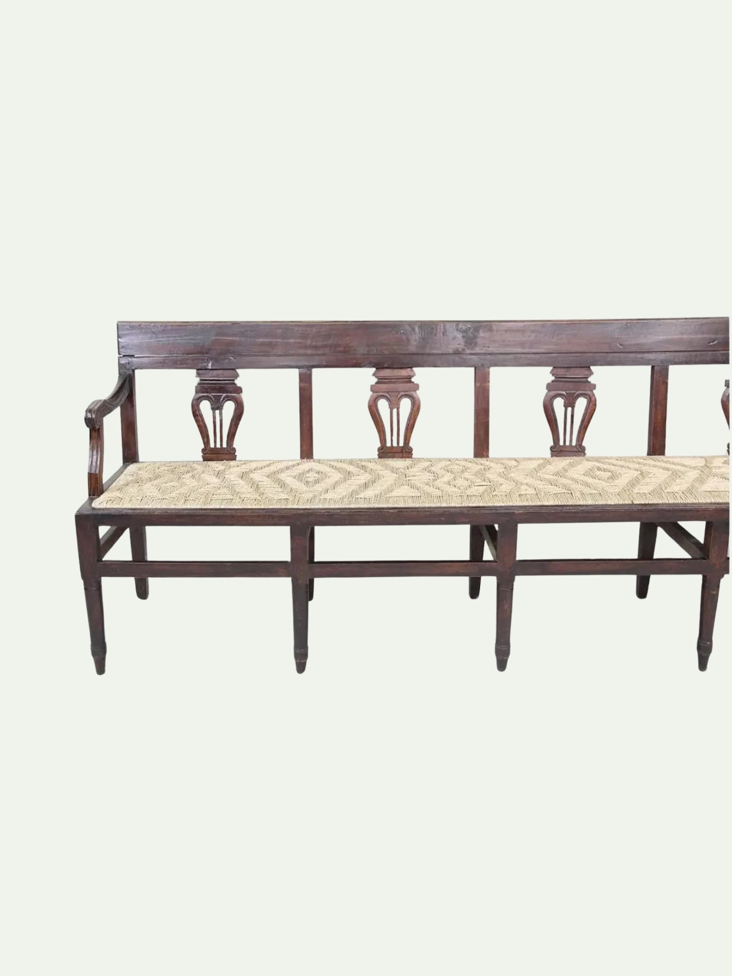 Antique Neoclassical Carved Lyre-Back Hall Bench With Rush Seat | Five-Seat Dining or Entry Bench
