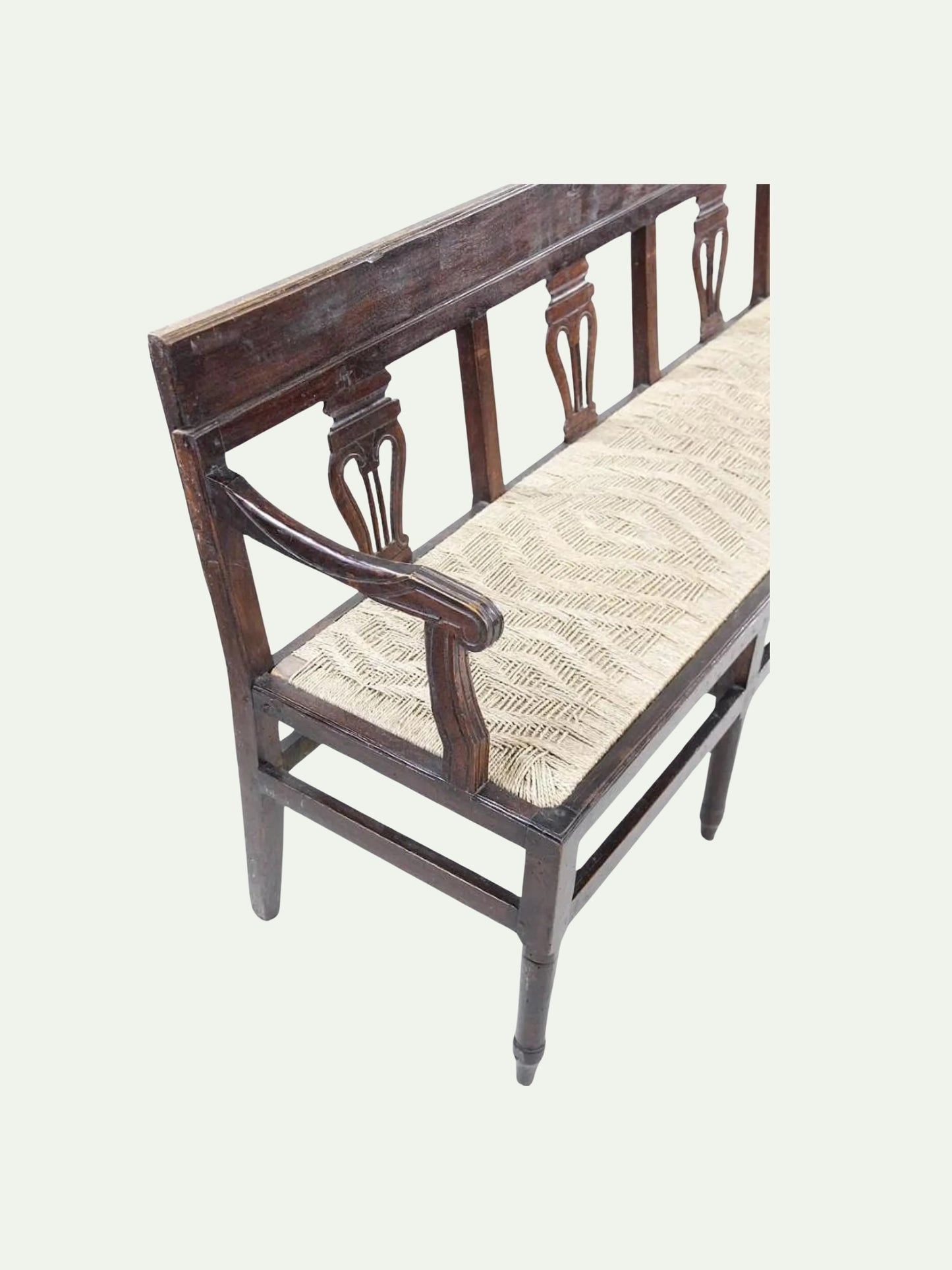Antique Neoclassical Carved Lyre-Back Hall Bench With Rush Seat | Five-Seat Dining or Entry Bench