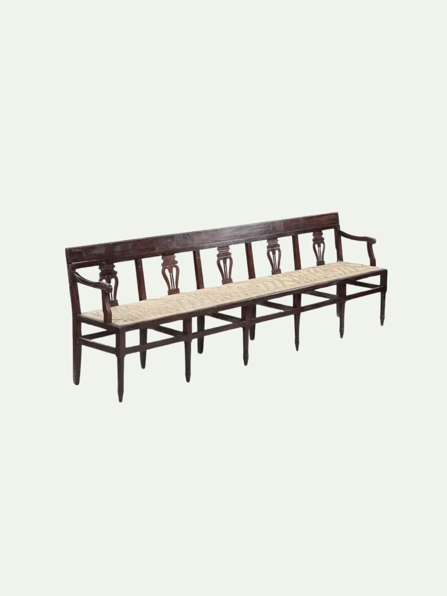 Antique Neoclassical Carved Lyre-Back Hall Bench With Rush Seat | Five-Seat Dining or Entry Bench
