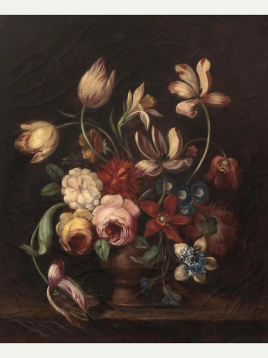 A classical still life painting of a dense flower bouquet in a dark brown vase against a dark brown background. The bouquet features various flowers including tulips, roses, anemones, and wildflowers in muted tones of pink, red, cream, blue, and yellow with green leaves.
