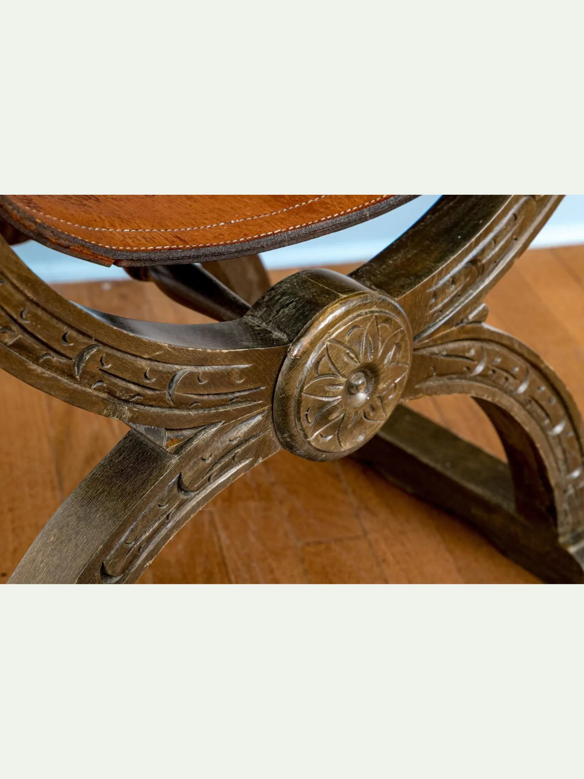 Antique Spanish Renaissance Revival Dante Chair with Carved Heraldic Crest & Leather Sling Seat