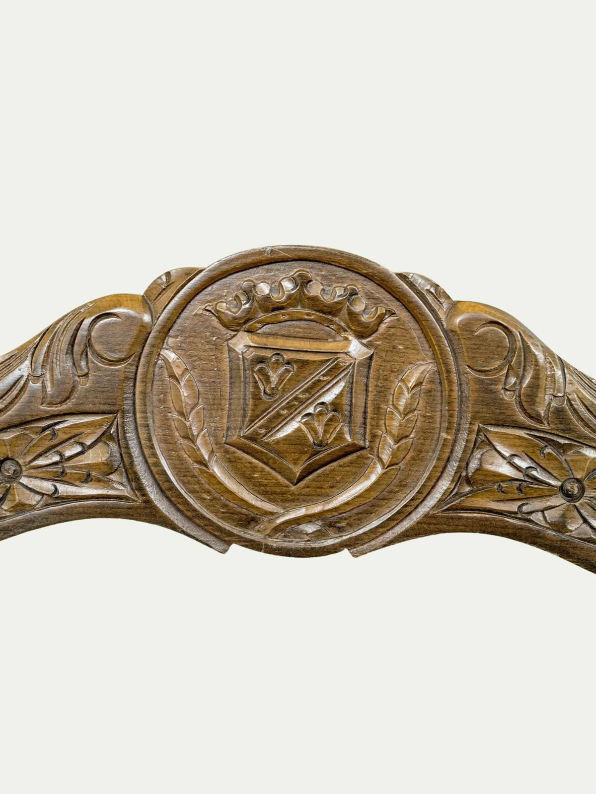 Antique Spanish Renaissance Revival Dante Chair with Carved Heraldic Crest & Leather Sling Seat