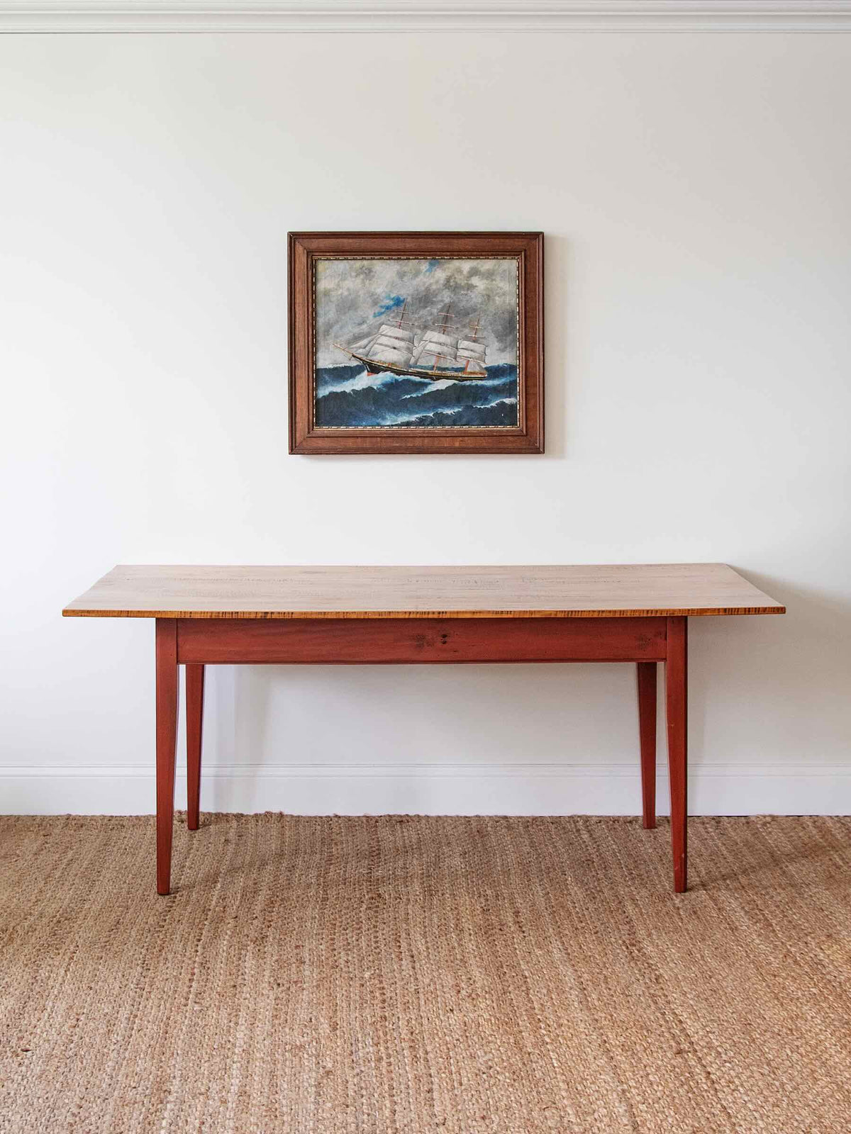 Benchmade Tiger Maple Farmhouse Dining Table with Red-Painted Base