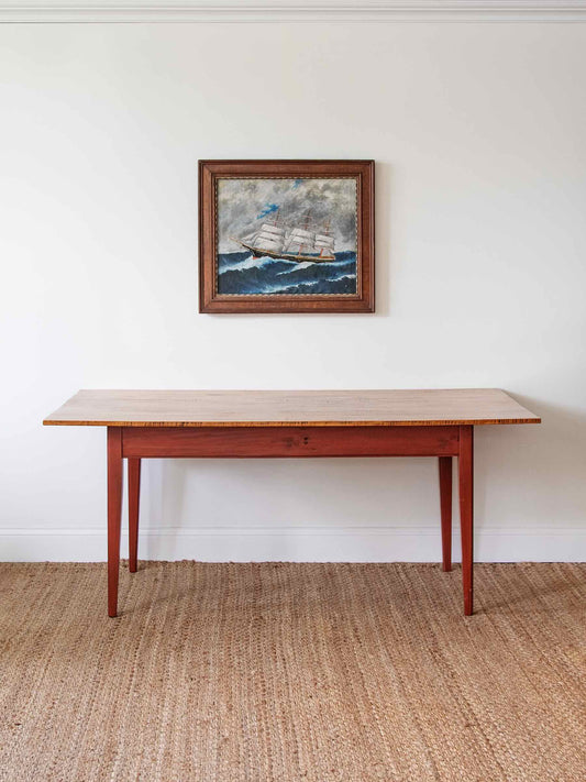 Benchmade Tiger Maple Farmhouse Dining Table with Red-Painted Base
