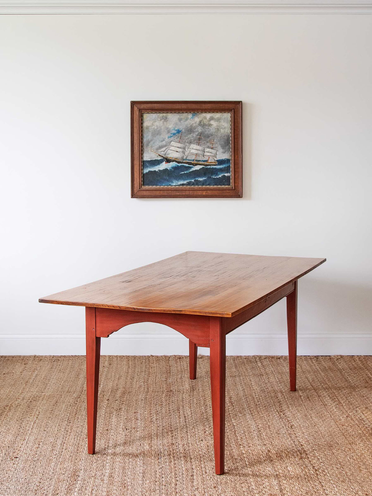 Benchmade Tiger Maple Farmhouse Dining Table with Red-Painted Base