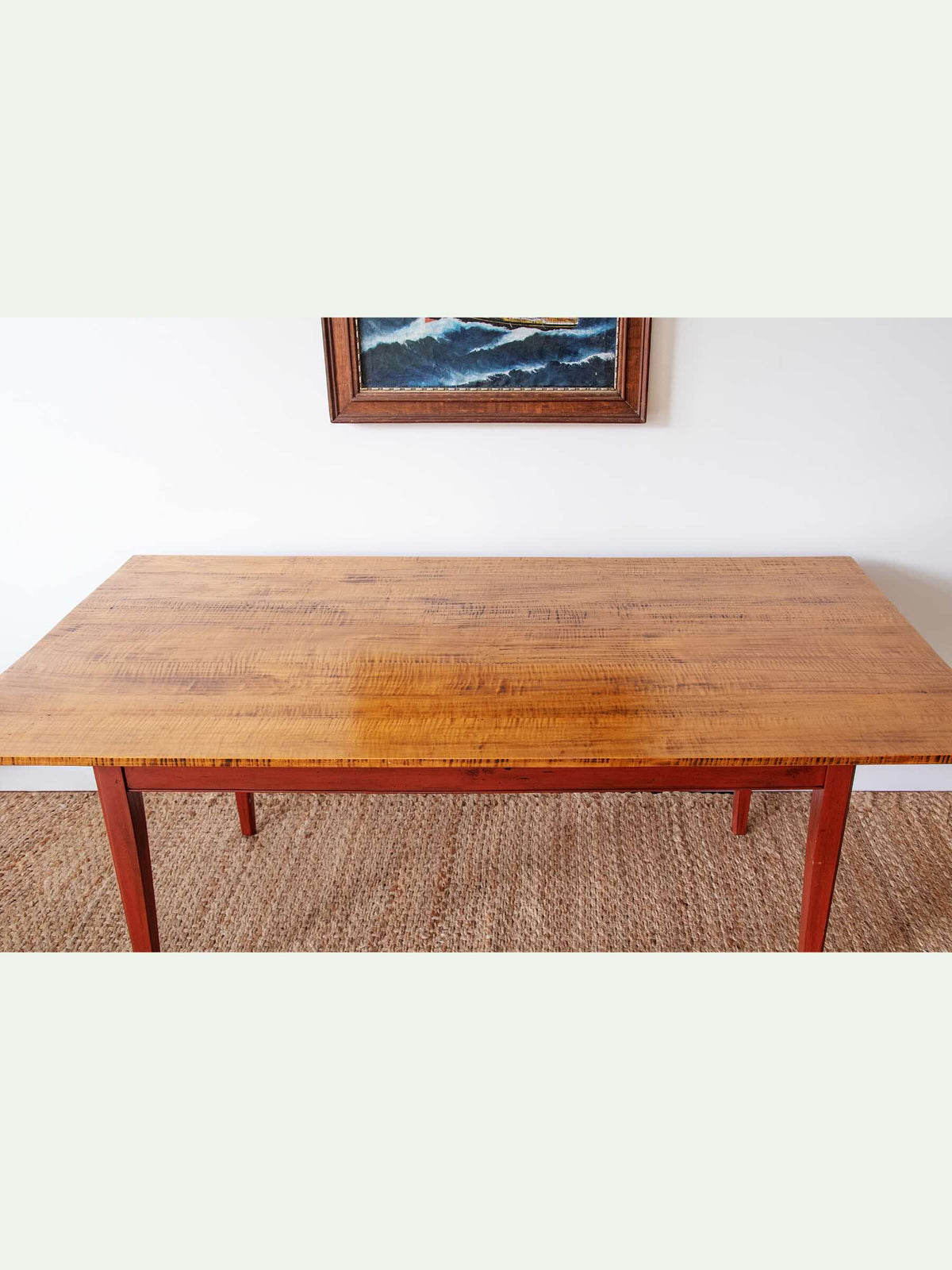 Benchmade Tiger Maple Farmhouse Dining Table with Red-Painted Base
