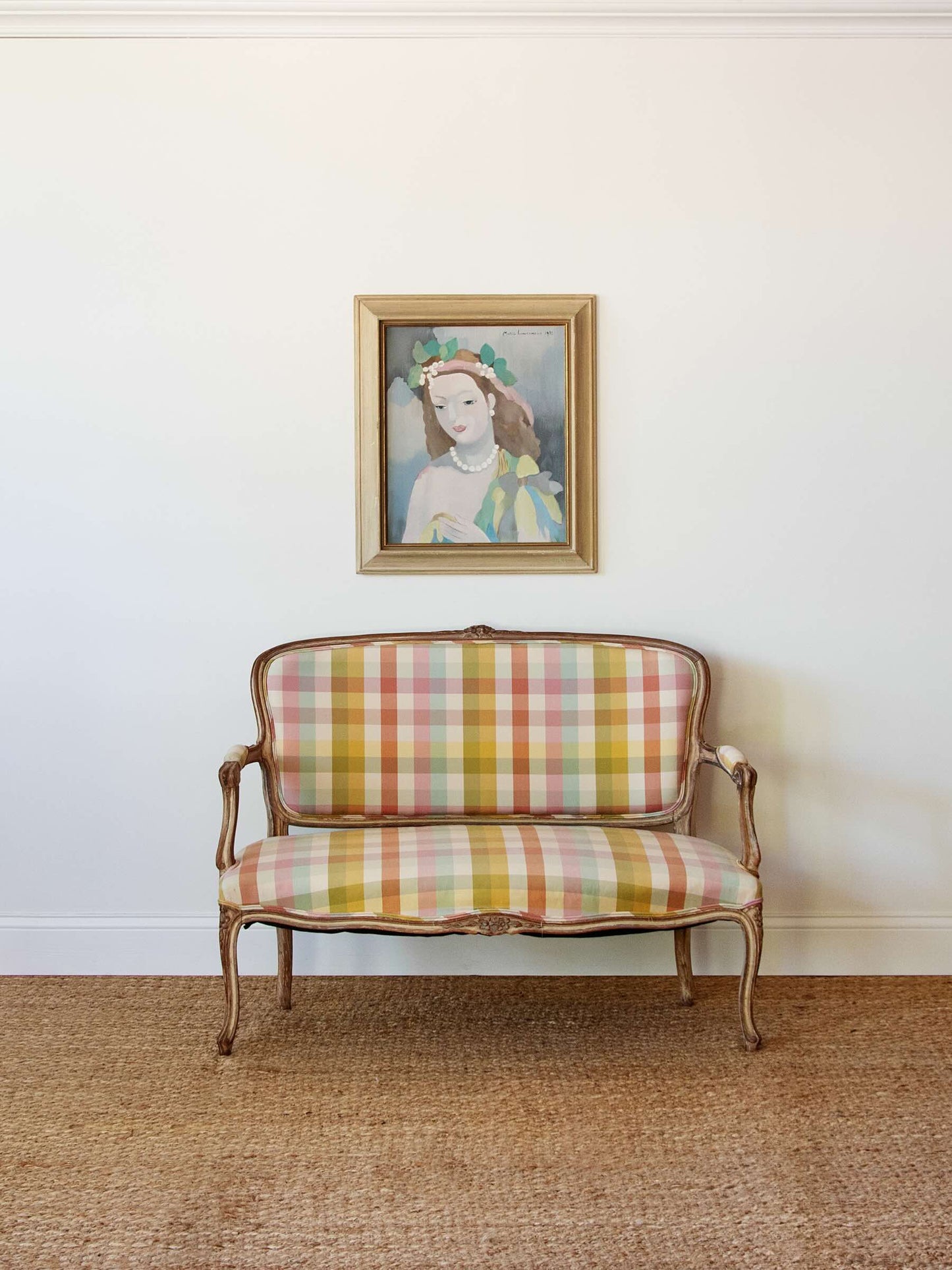 Carved French Settee in Cheerful Plaid Upholstery
