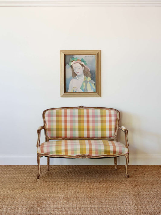 Carved French Settee in Cheerful Plaid Upholstery