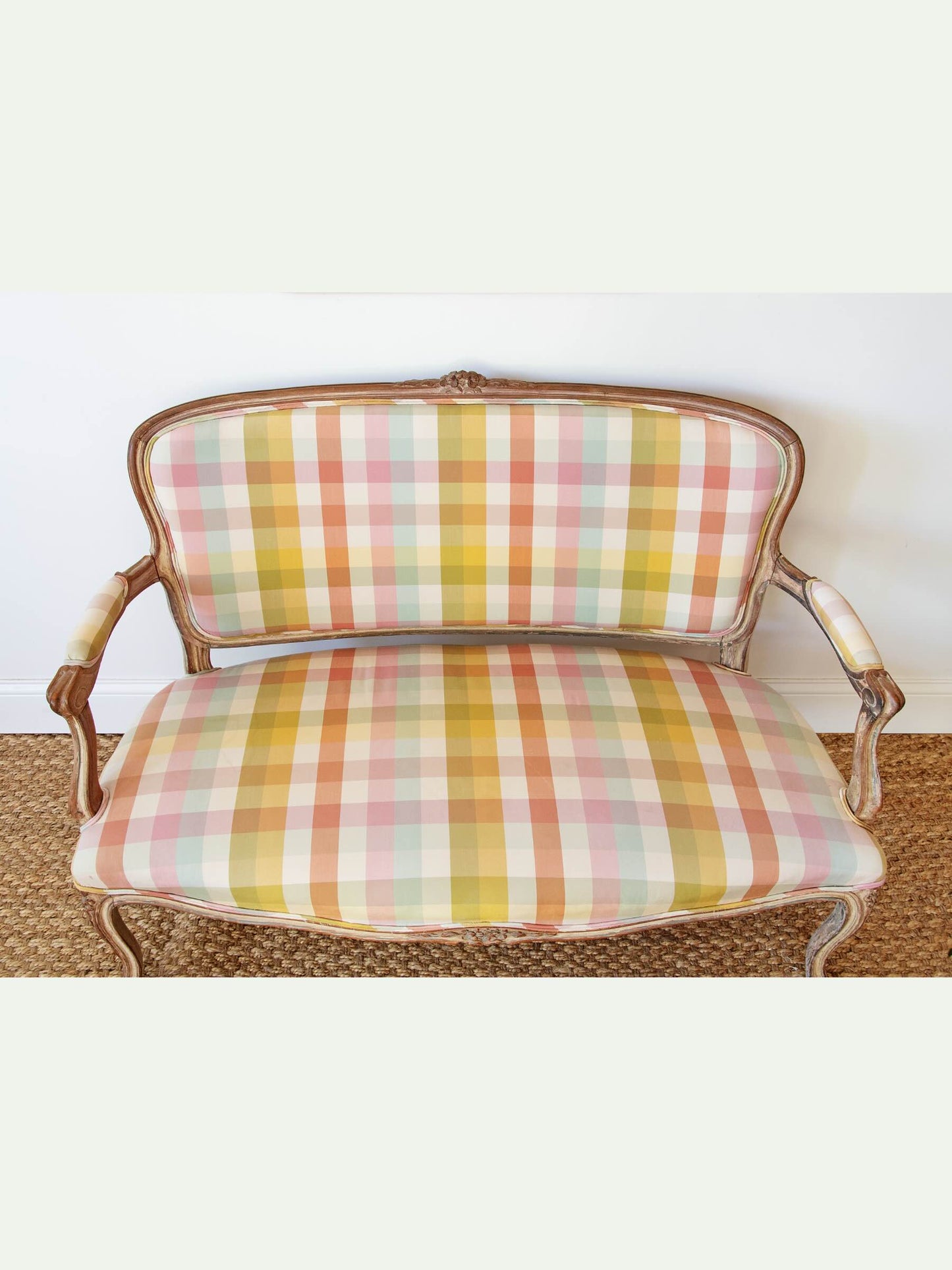 Carved French Settee in Cheerful Plaid Upholstery