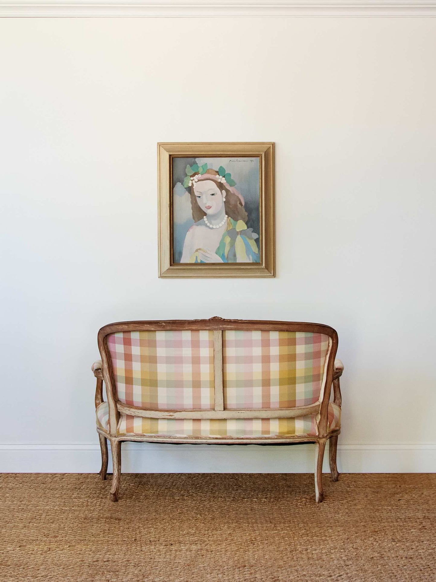 Carved French Settee in Cheerful Plaid Upholstery