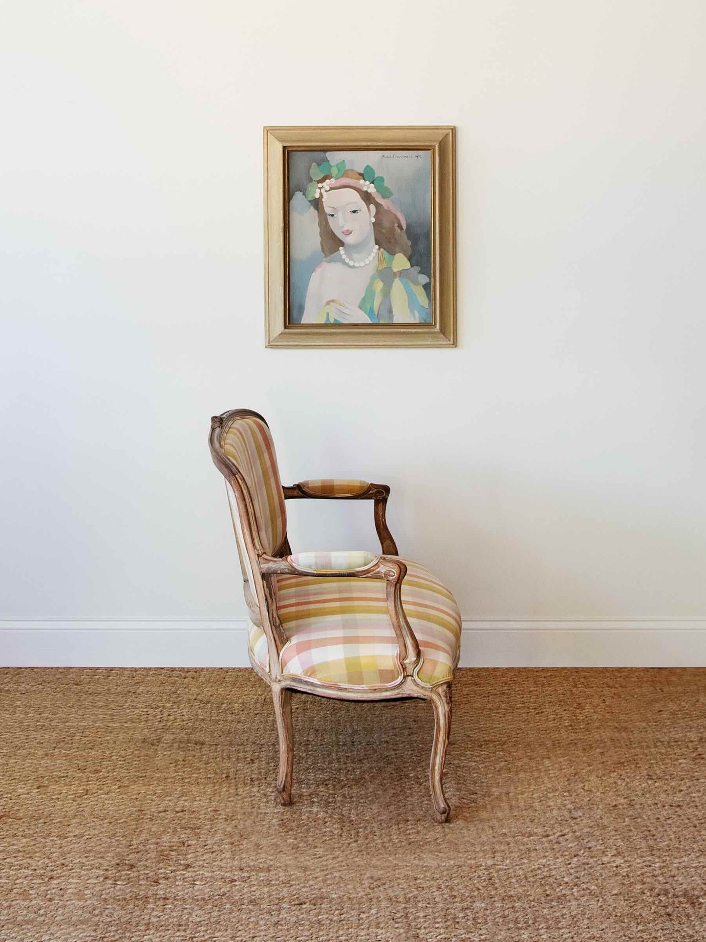 Carved French Settee in Cheerful Plaid Upholstery