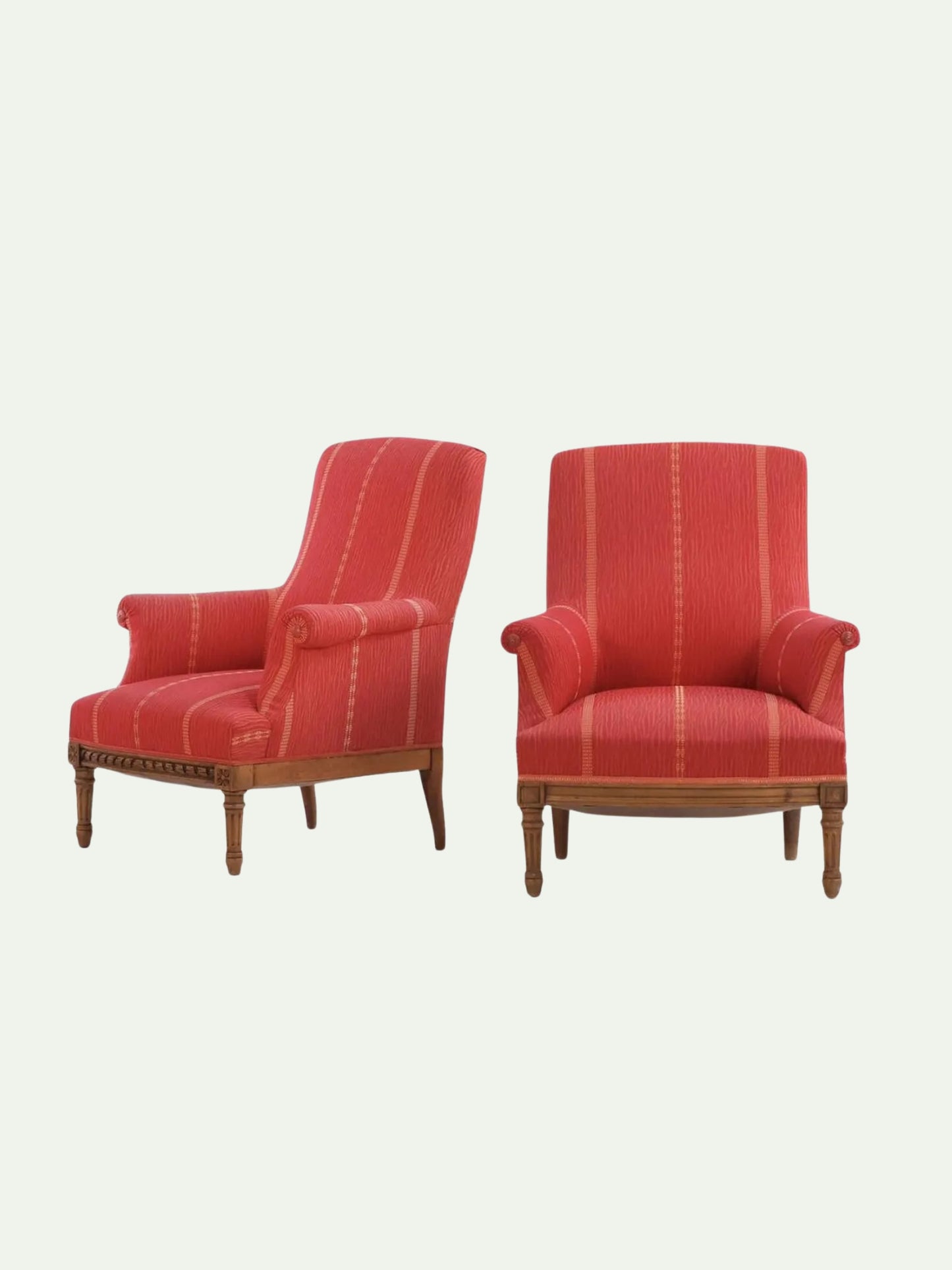 Near Pair of Edwardian Walnut Library Armchairs in Crimson Striped Upholstery | C. 1900