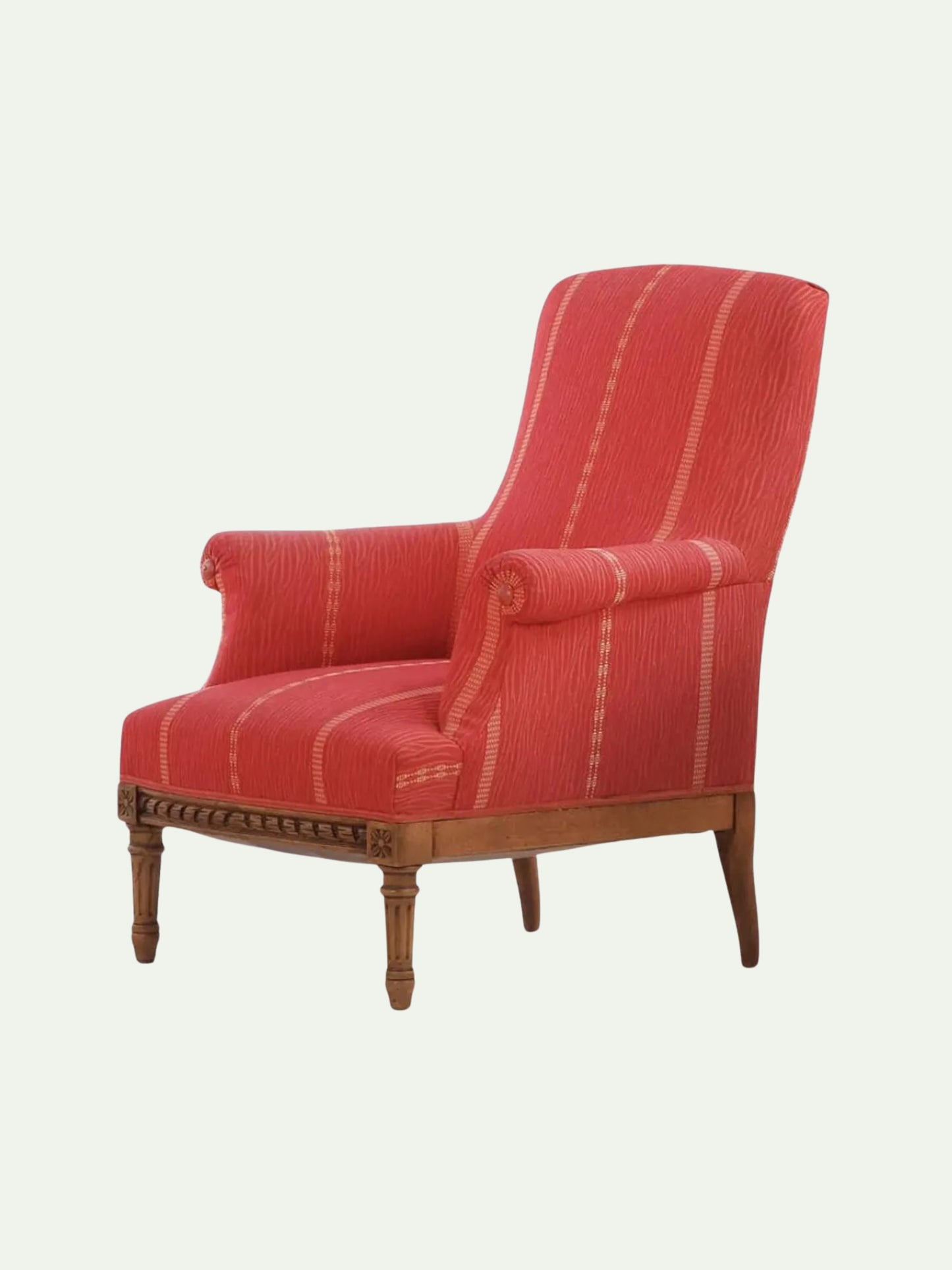 Near Pair of Edwardian Walnut Library Armchairs in Crimson Striped Upholstery | C. 1900