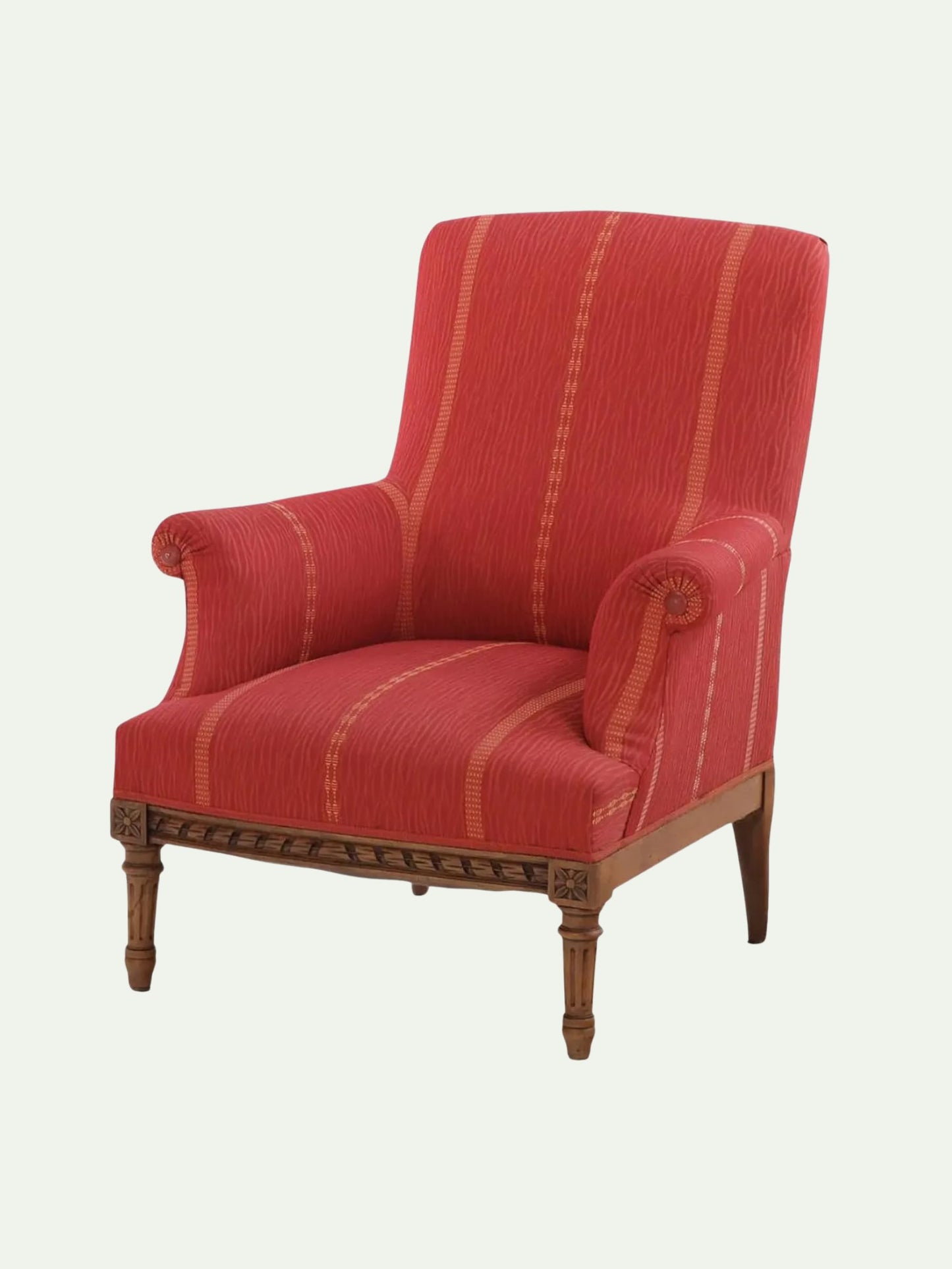 Near Pair of Edwardian Walnut Library Armchairs in Crimson Striped Upholstery | C. 1900