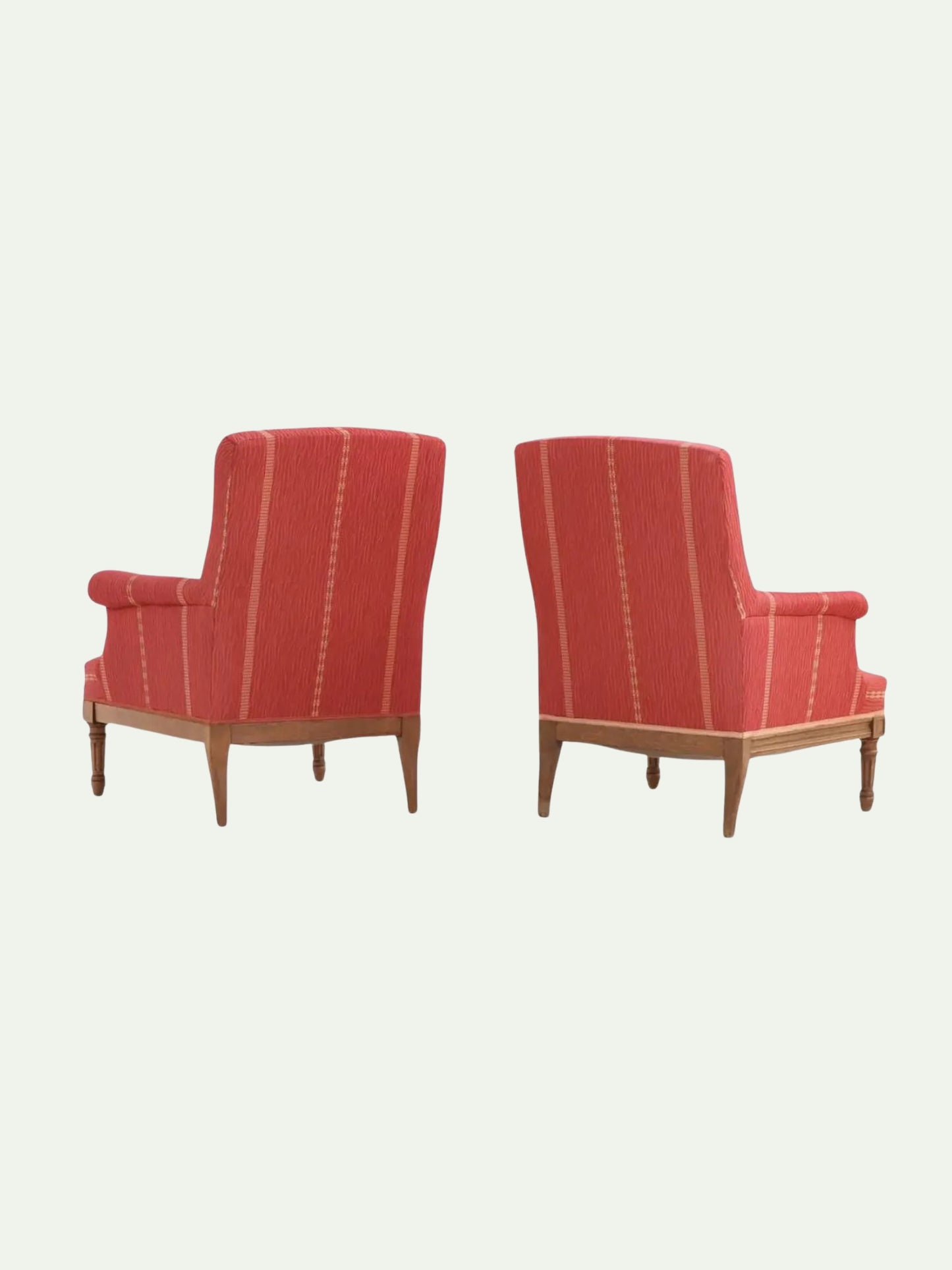 Near Pair of Edwardian Walnut Library Armchairs in Crimson Striped Upholstery | C. 1900