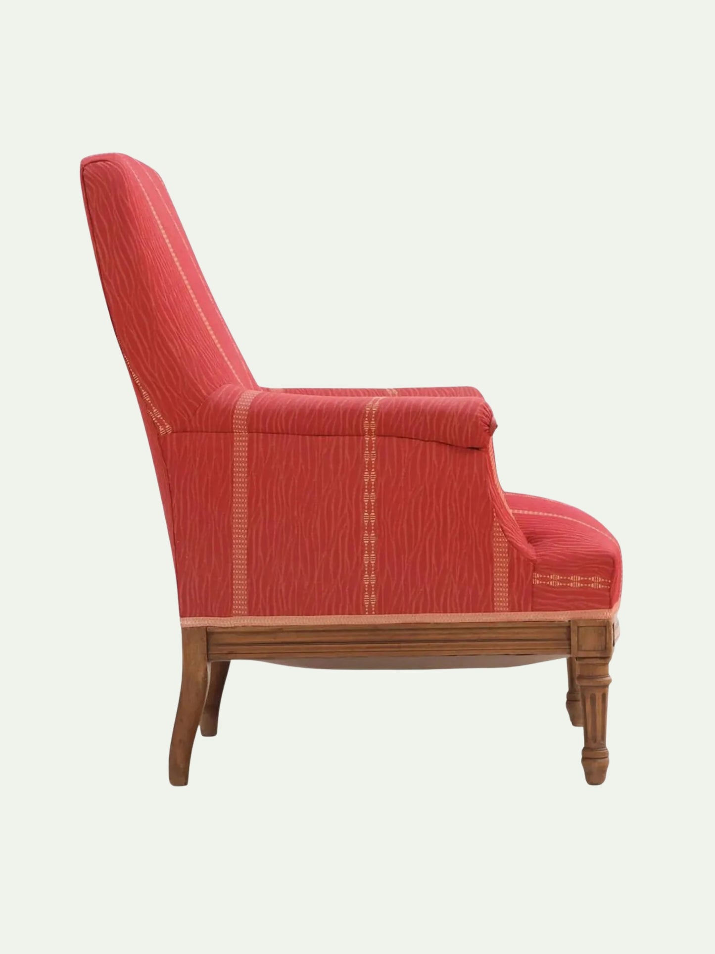 Near Pair of Edwardian Walnut Library Armchairs in Crimson Striped Upholstery | C. 1900