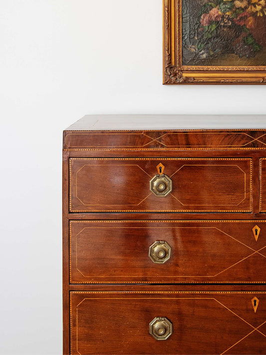 Exceptional English Regency Mahogany Chest of Drawers with Satinwood String Inlay | c. 1790