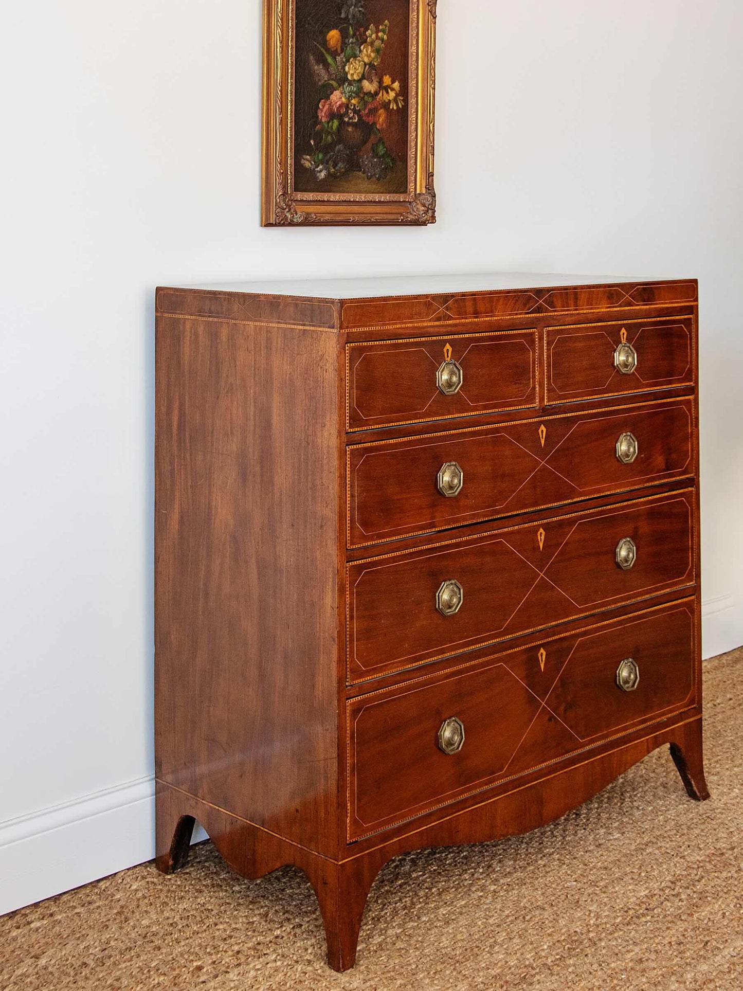 Exceptional English Regency Mahogany Chest of Drawers with Satinwood String Inlay | c. 1790