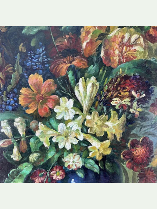 A colorful floral painting featuring a dense bouquet of lilies, poppies, and other blossoms in green, yellow, orange, white, and blue tones, framed by a light gray border.