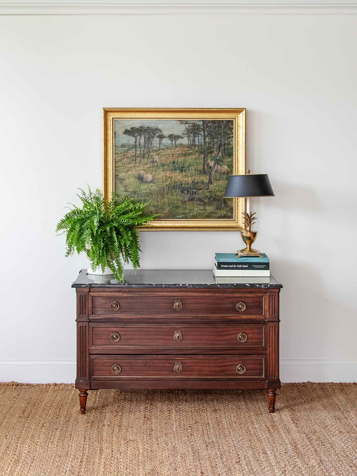 French Louis XVI Style Mahogany Commode with Black Fossil Marble Top