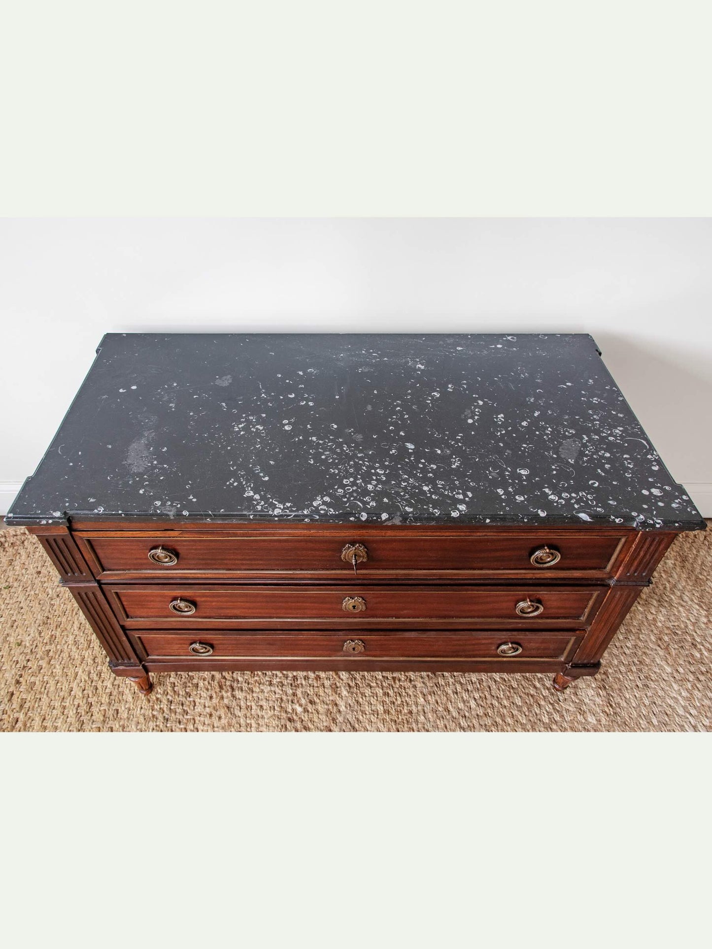 French Louis XVI Style Mahogany Commode with Black Fossil Marble Top