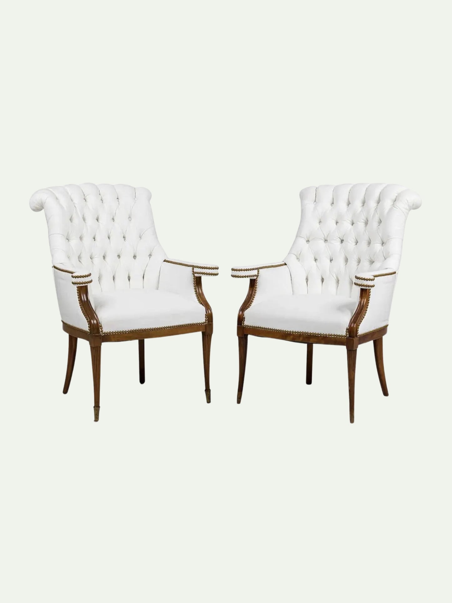 Pair of Grosfeld House Style Tufted Wingback Armchairs in Ivory Linen