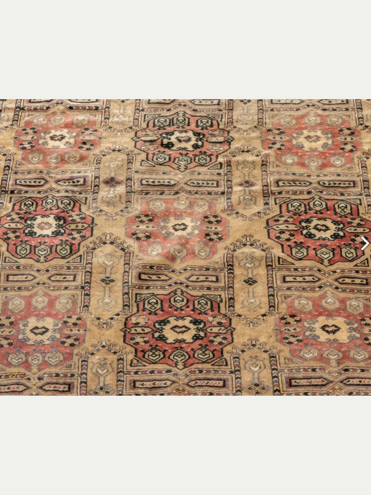 A close-up of an area rug with a traditional Persian-style geometric pattern in beige, red, black, and brown.
