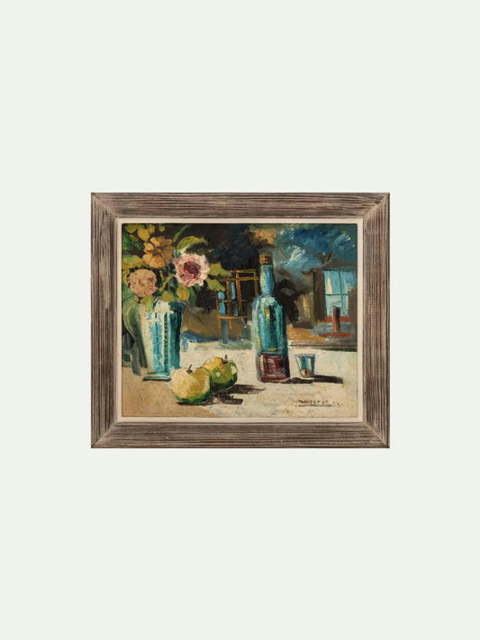 Huertas (20th century), Still Life with Flowers, Apples and Bottle | Oil on Canvas, Signed