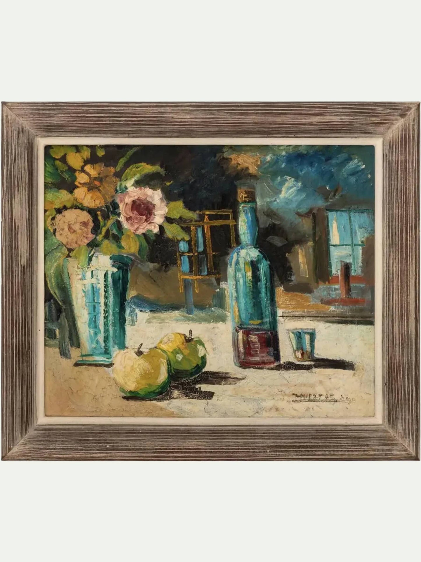 Huertas (20th century), Still Life with Flowers, Apples and Bottle | Oil on Canvas, Signed