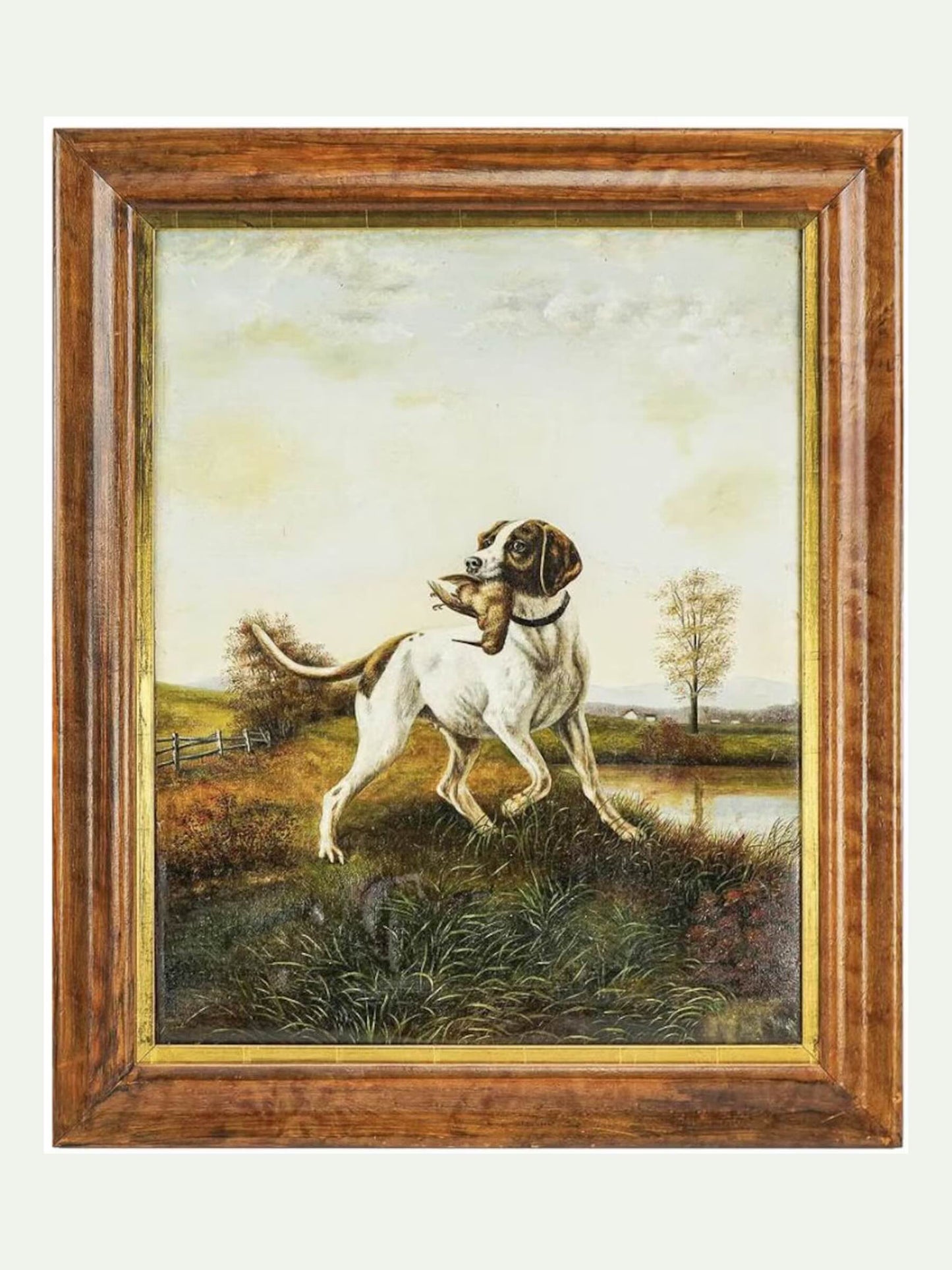 Hunting Scene Oil on Canvas | Pointer Retrieving Game Monogrammed MAH 1895