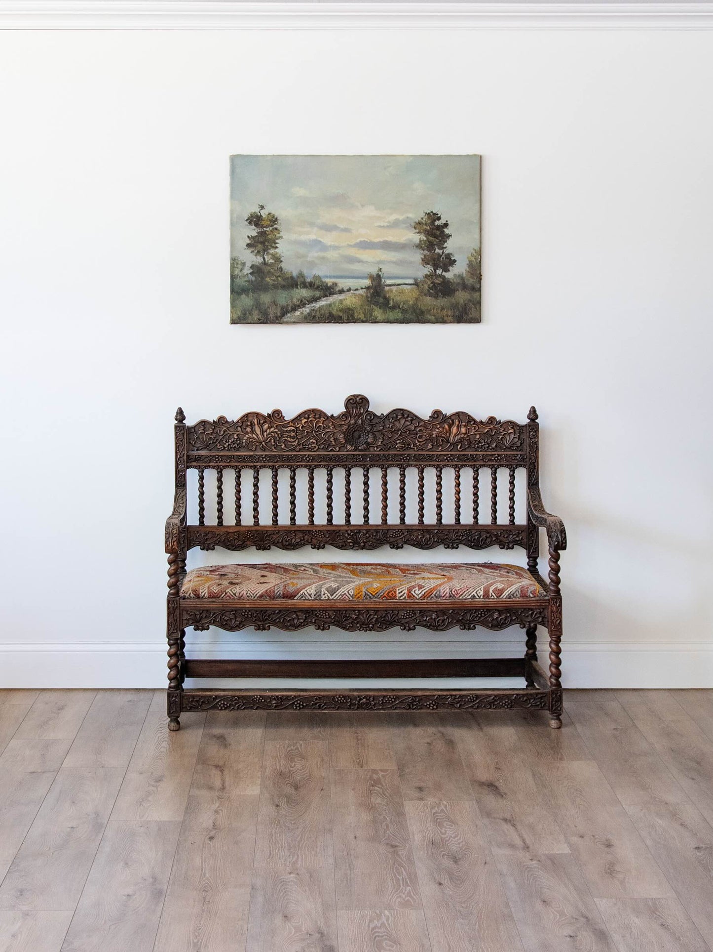 Late 19th Century English Jacobean Revival Carved Hall Bench with Vintage Turkish Kilim Upholstery