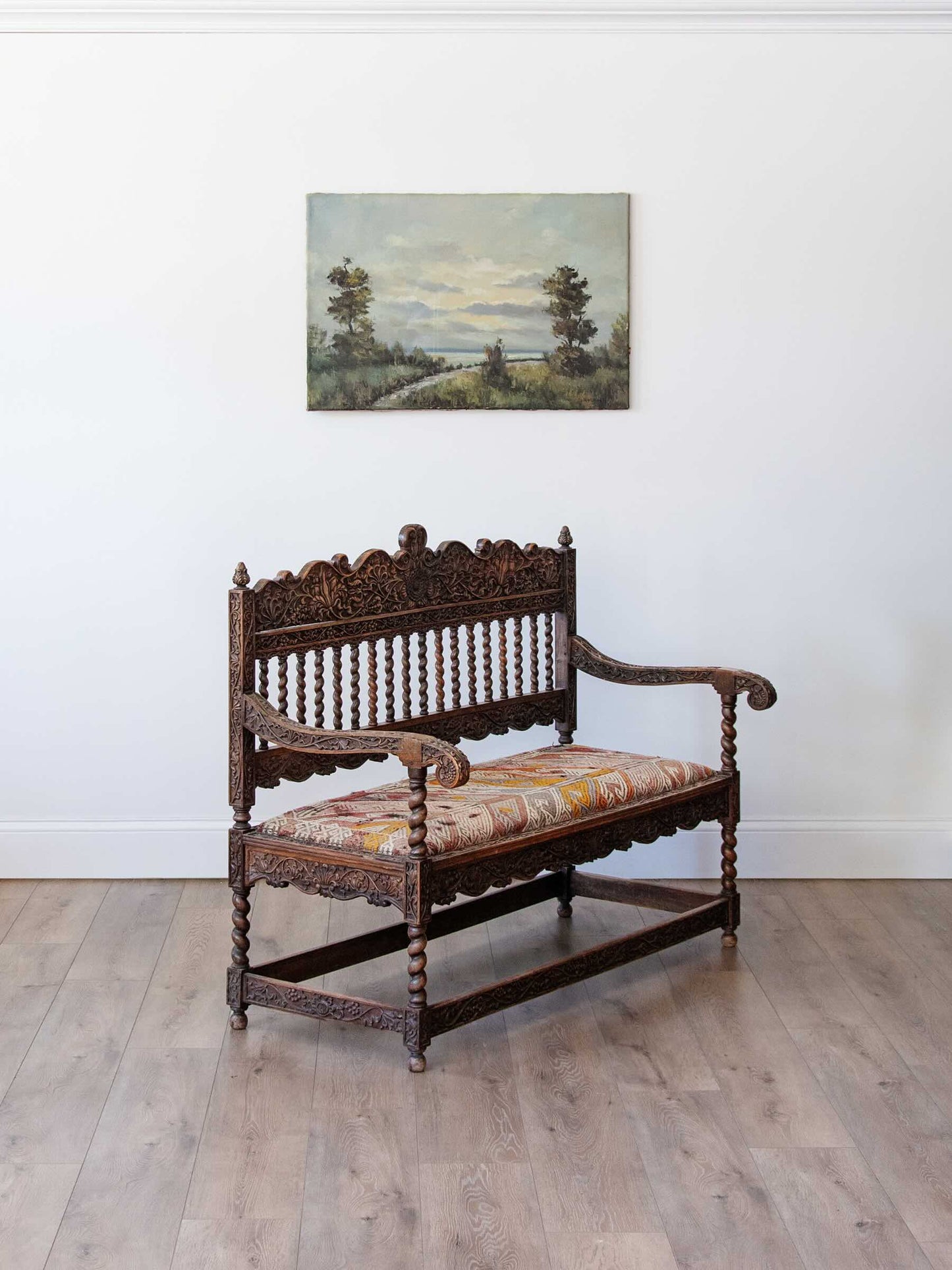 Late 19th Century English Jacobean Revival Carved Hall Bench with Vintage Turkish Kilim Upholstery