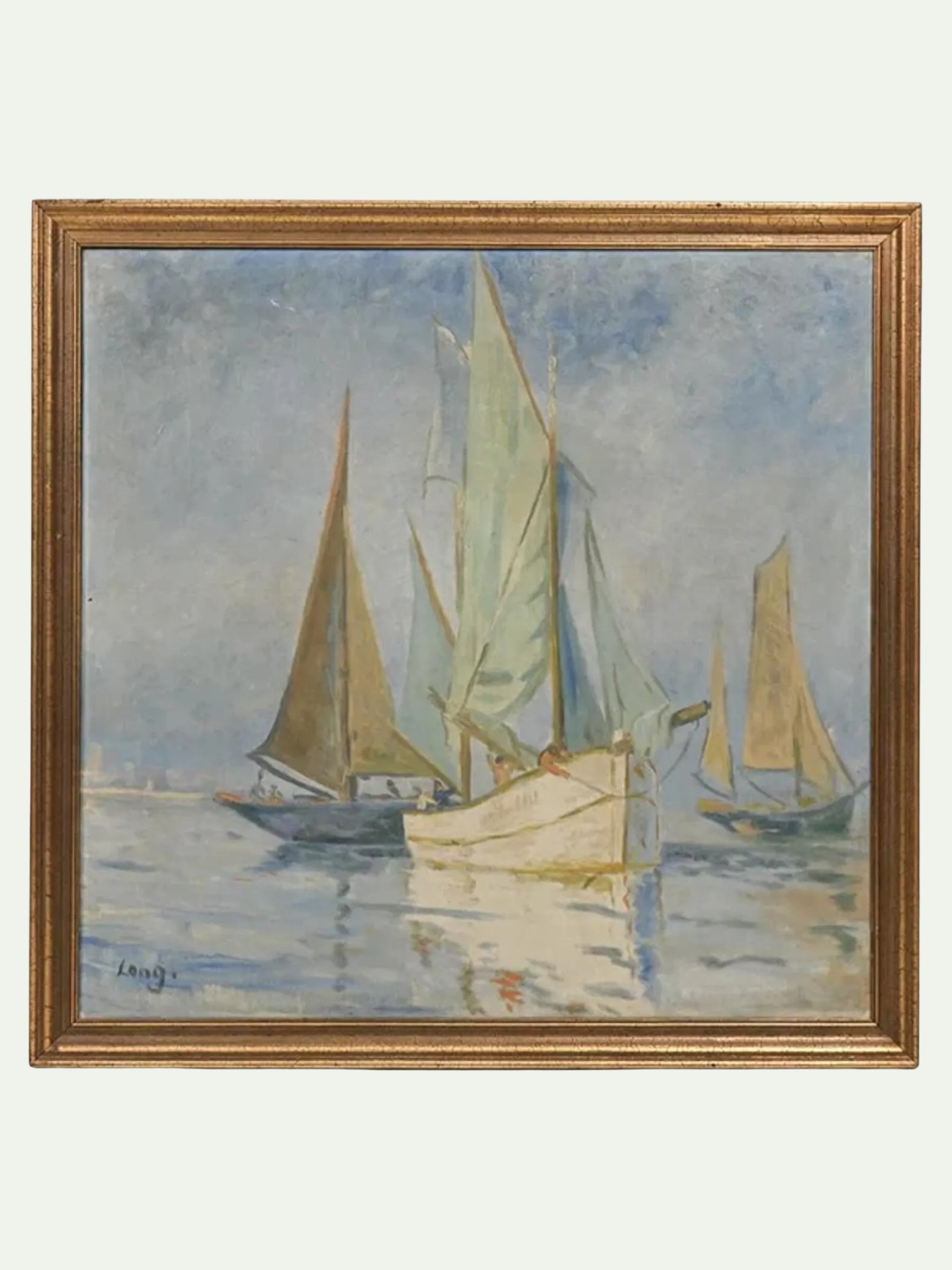 A framed impressionist oil painting depicting sailboats on a calm blue-gray sea under a cloudy sky, enclosed in a gold-toned wooden frame.