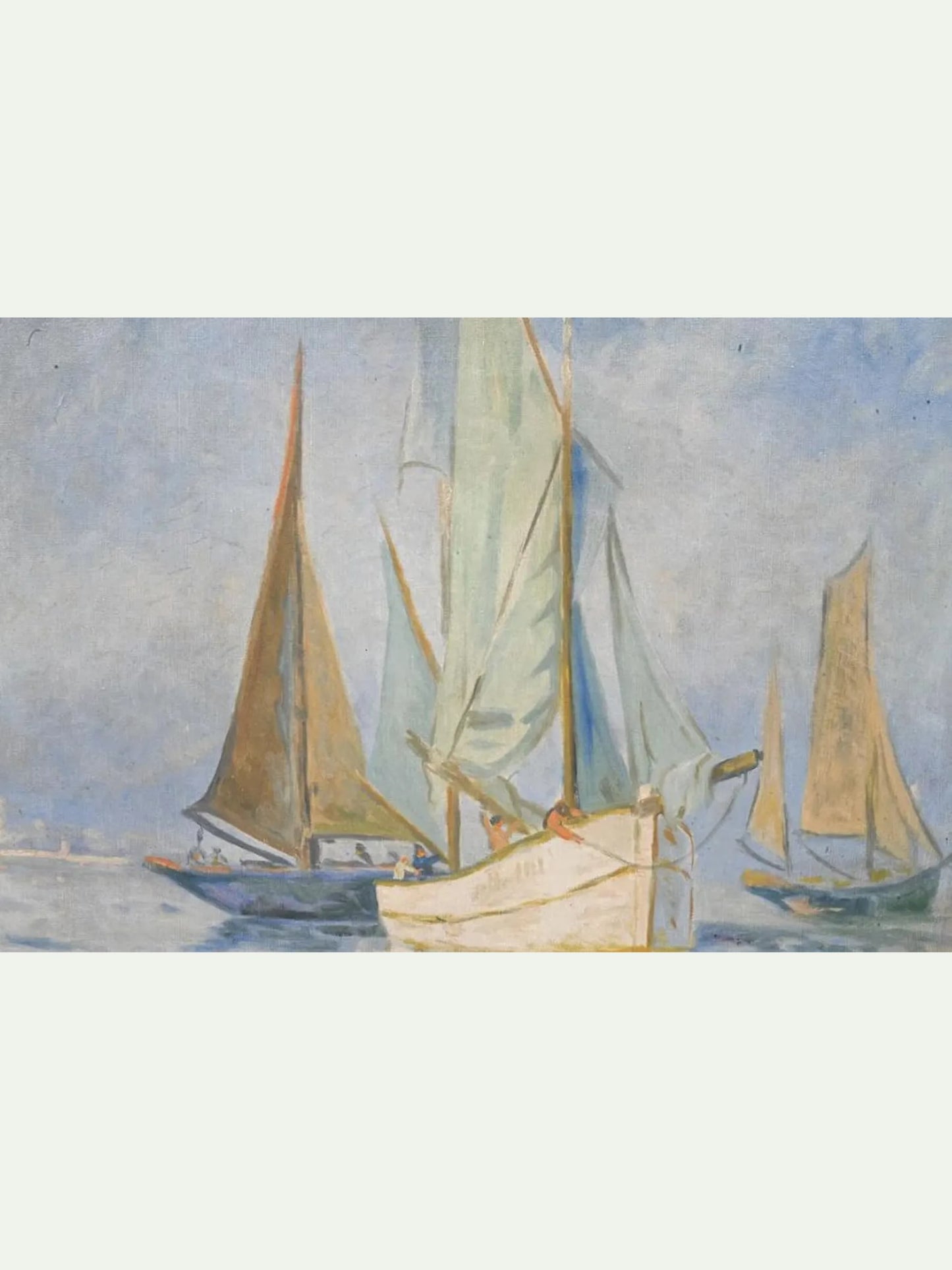 Impressionist-style painting of several sailboats on calm water under a pale blue sky, with muted beige, blue, and gray tones.