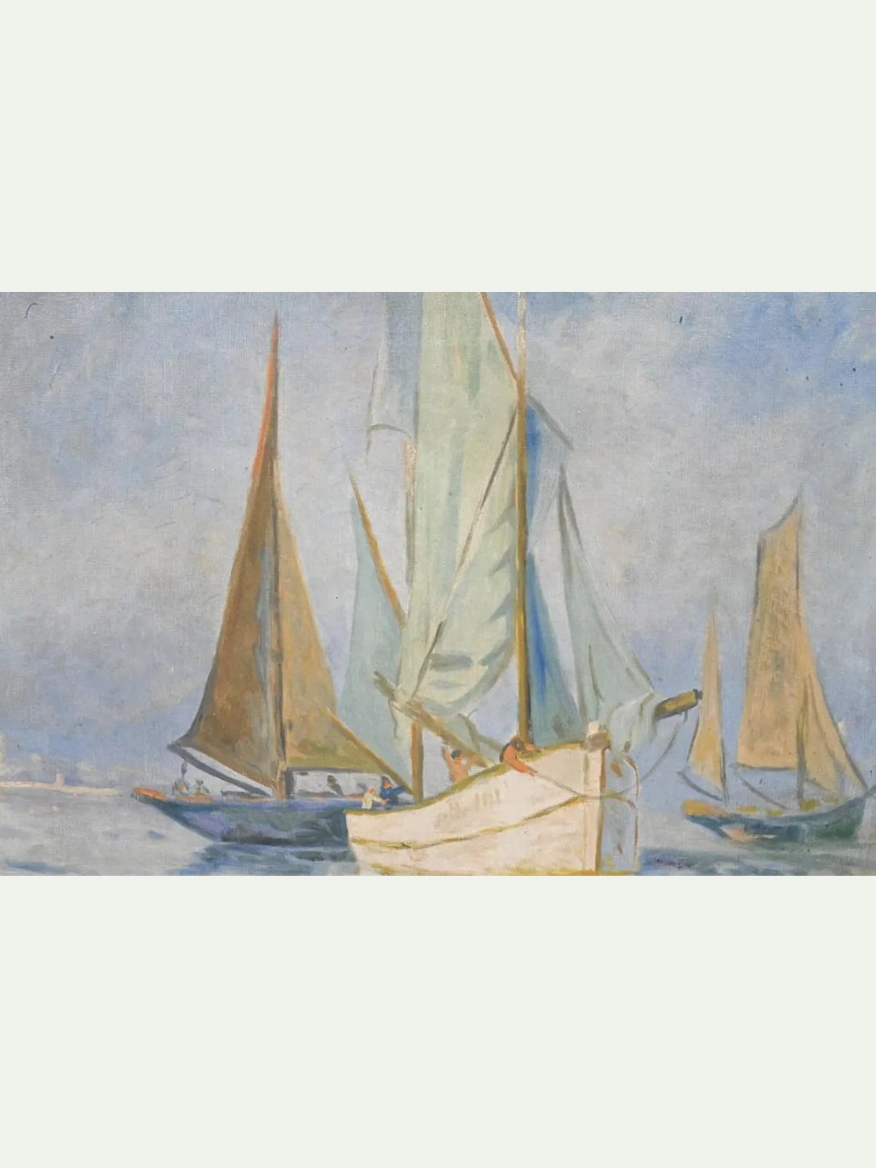 Impressionist-style painting of several sailboats on calm water under a pale blue sky, with muted beige, blue, and gray tones.