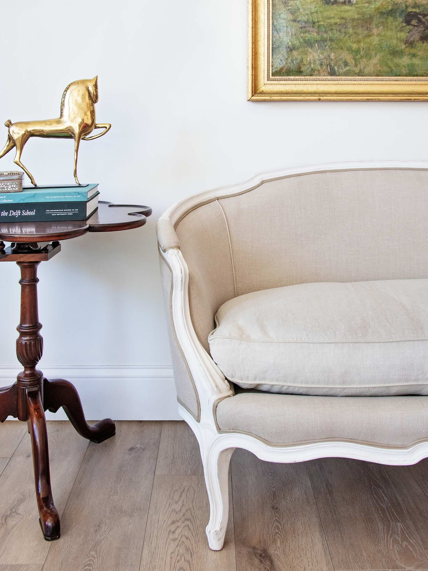Louis XV Style Painted Settee in Natural Linen with Down-Filled Cushion