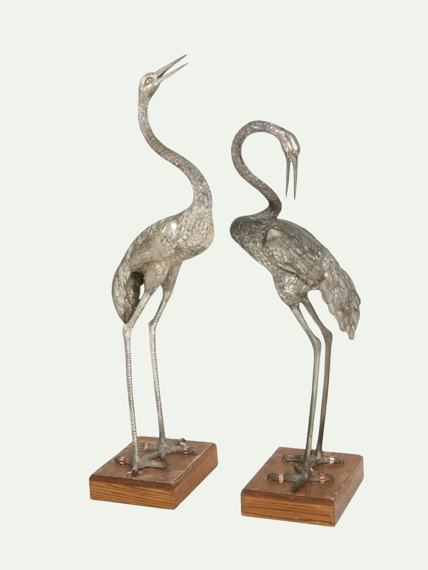 Monumental Pair of Silvered Crane Sculptures on Wooden Plinth Bases | 20th Century